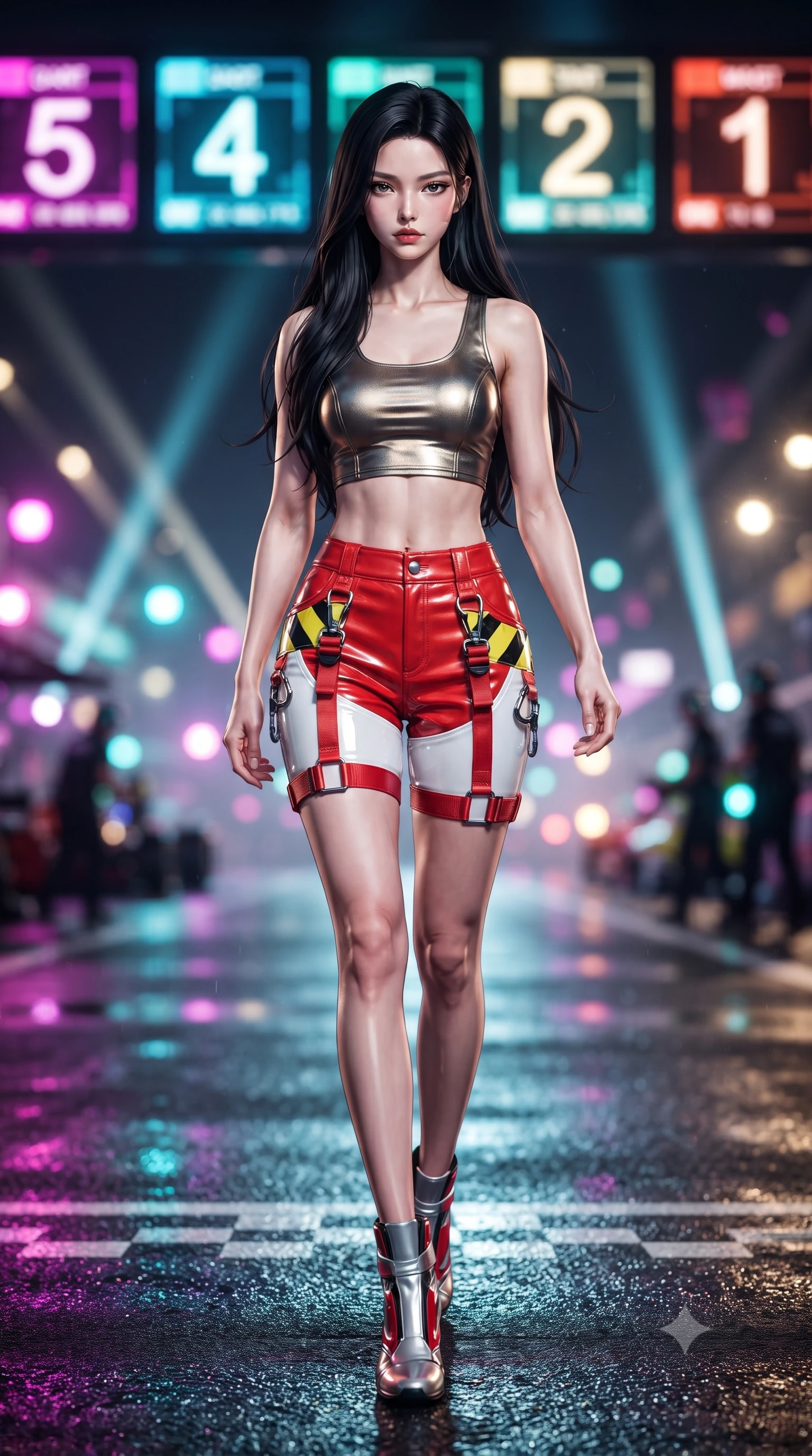 score_9, masterpiece, best quality, ultra-detailed, high-budget anime keyframe, editorial fashion photography, tasteful artistic composition, Korean woman. low angle full-body shot from head to toe showing her feet, filling the entire 9:16 vertical frame with her statuesque presence, stretching her vertical silhouette. striding forward in a proud, dynamic supermodel runway stride, hips swaying in an alluring kinetic rhythm that stretches her silhouette while posing boldly at the center of the illuminated starting grid as giant holographic jumbotrons flash behind her. The composition keeps background elements in soft focus with creamy bokeh. giant LED jumbotron race countdown graphics and sweeping searchlights blurred into electric magenta, turquoise, and gold bokeh. She has an absolutely perfect, statuesque 8.5-heads proportion, an exceptionally tall and slender model-like female figure with impossibly long slender legs, a toned flat midriff, and an ultra-slim waist. sharp v-shaped jawline, high-bridge nose, intricate jewel-like eyes with depth, thick eyelashes, glossy parted lips with a natural sheen, intensely captivating and seductive expression, flawlessly proportioned anatomical accuracy, strict slender model proportions, natural body alignment, perfectly sculpted long slender limbs, ultra-slim waistline, clean dynamic posture without body distortion. wearing a metallic leather crop tank with high-waist track shorts and tactical leg harness straps in bright racing scarlet red and glossy white, tailored from abrasion-resistant Kevlar weave with glossy protective panels, finished with high-visibility hazard warning tape details and carabiner clips, the athletic second-skin cut highlighting her toned flat midriff and slender model proportions during dynamic action. illuminated by crisp directional rim lighting sharply defining her razor-sharp jawline and feminine curves. ultra-reflective glossy finish, specular highlights, rich textural contrasts, high-contrast stereoscopic depth, volumetric dynamic lighting, 2k, ultra detail, master piece, 9:16 ratio