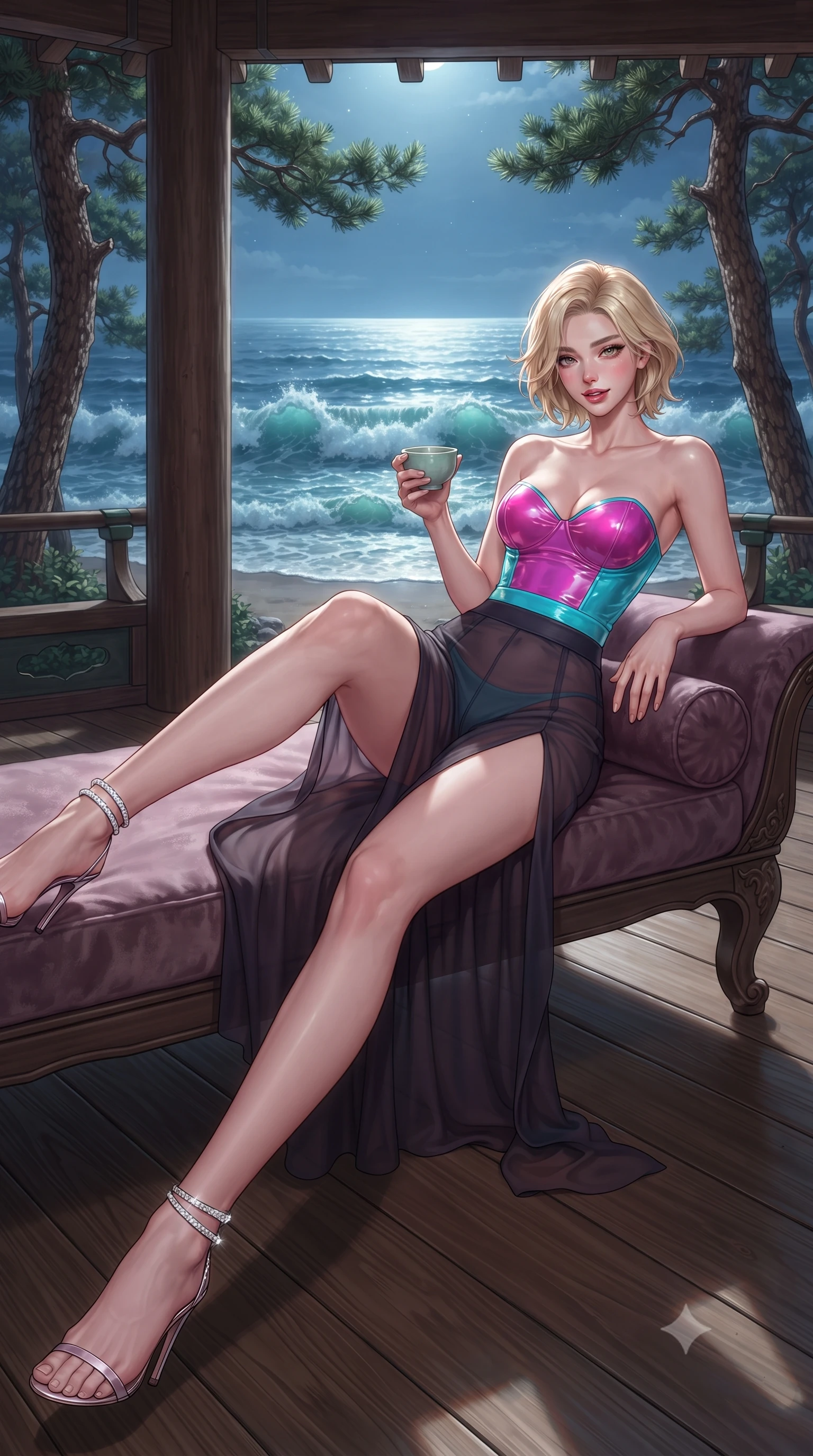 score_9, masterpiece, best quality, ultra-detailed, high-budget anime keyframe, editorial fashion photography, tasteful artistic composition, Caucasian woman. low angle full-body shot from head to toe showing her feet, filling the entire 9:16 vertical frame with her statuesque presence, stretching her vertical silhouette. reclining gracefully across the plush chaise lounge with one leg extended, her sculpted silhouette and flat midriff radiating magnetic nocturnal glamour while lounging on the wooden pavilion floor with one leg drawn up, holding a celadon wine cup with an intoxicating, teasing smile. The surrounding environment is rendered in vivid detail and crisp panoramic clarity: sharp pine bark textures, wooden pillar grain, and crashing wave crest clarity in deep focus. She has an absolutely perfect, statuesque 8.5-heads proportion, an exceptionally tall and slender model-like female figure with impossibly long slender legs, an ultra-slim waist, a flat toned midriff, narrow delicate ribcage, and beautifully sculpted feminine hips creating a graceful, slim hourglass silhouette without any bulky heaviness. sharp v-shaped jawline, high-bridge nose, sparkling eyes with hypnotic seductive depth, thick curled eyelashes, glossy parted lips with a natural dewy peach sheen, alluring bedroom-eyes with an enchanting coquettish smile, exuding magnetic siren charisma and sophisticated glamour, flawlessly proportioned anatomical accuracy, strict slender model proportions, natural body alignment, perfectly sculpted long slender limbs, ultra-slim waistline, clean dynamic posture without body distortion. wearing a strapless wet-look vinyl bustier paired with sheer chiffon high-slit trousers in electric 80s magenta and neon cyan with chrome highlights, made of semi-opaque stretch illusion mesh with soft shadowy contours, complemented by strappy stiletto sandals with crystal ankle wraps accentuating her slender calves, the liquid-tight tailored fabric clinging flawlessly to her narrow waist and rounded feminine hips, emphasizing every millimeter of her sculpted slim hourglass curves without any bulky heaviness. bathed in brilliant horizontal moonlight sweeping across the ocean surface. ultra-reflective glossy finish, specular highlights, rich textural contrasts, high-contrast stereoscopic depth, volumetric dynamic lighting, 2k, ultra detail, master piece, 9:16 ratio
