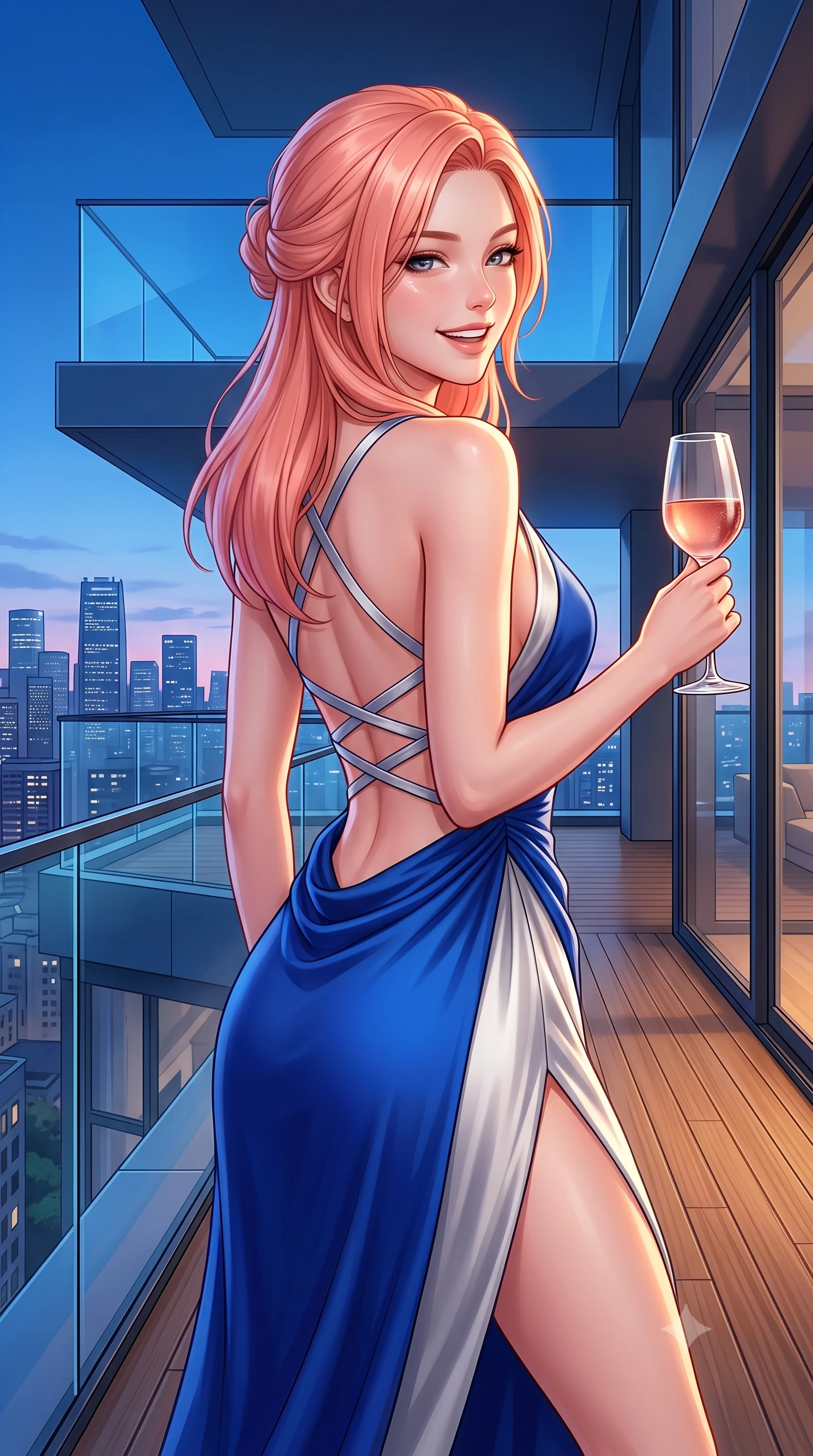 score_9, masterpiece, best quality, ultra-detailed, high-budget anime keyframe, semi-realistic 3D game render, editorial fashion photography, tasteful artistic composition, Japanese woman. close-up cowboy shot from the waist and thighs up, the character dominates the composition, filling the frame with her large presence. laughing softly with genuine, enchanting warmth, eyes crinkling sweetly as specular highlights illuminate her cheeks while holding a chilled glass of vintage rosé, casting a smoldering, confident gaze over her shoulder into the lens. The surrounding environment is rendered in vivid detail and crisp panoramic clarity. crystal-clear penthouse glass railings, modern teak wood decking, and sharp architectural angles in deep focus. She has an exceptionally elegant, slender, and willowy female figure with an ultra-slim waist, a gracefully sculpted slender torso, toned flat midriff, and a refined slim silhouette. sharp v-shaped jawline, high-bridge nose, intricate jewel-like eyes with depth, thick eyelashes, glossy lips with a natural sheen, captivating and magnetic expression, flawlessly proportioned anatomical accuracy, strict slender model proportions, natural body alignment, perfectly sculpted long slender limbs, ultra-slim waistline, clean dynamic posture without body distortion. wearing an opulent backless cowl-neck evening gown with a high-cut thigh slit and draped waistline in royal sapphire blue and brushed platinum, made of structured fine wool crepe and liquid silk satin, featuring a criss-cross satin back lacing highlighting her graceful shoulder blades, the breezy yet form-flattering drape swaying gracefully with her steps, accentuating her long willowy limbs and slim waistline. surrounded by a cosmopolitan, elite, and intensely magnetic modern royalty aura. highly saturated vibrant anime colors, detailed shading with soft gradients, rich glossy textures, high-contrast stereoscopic depth, volumetric dynamic lighting, master piece, 9:16 ratio