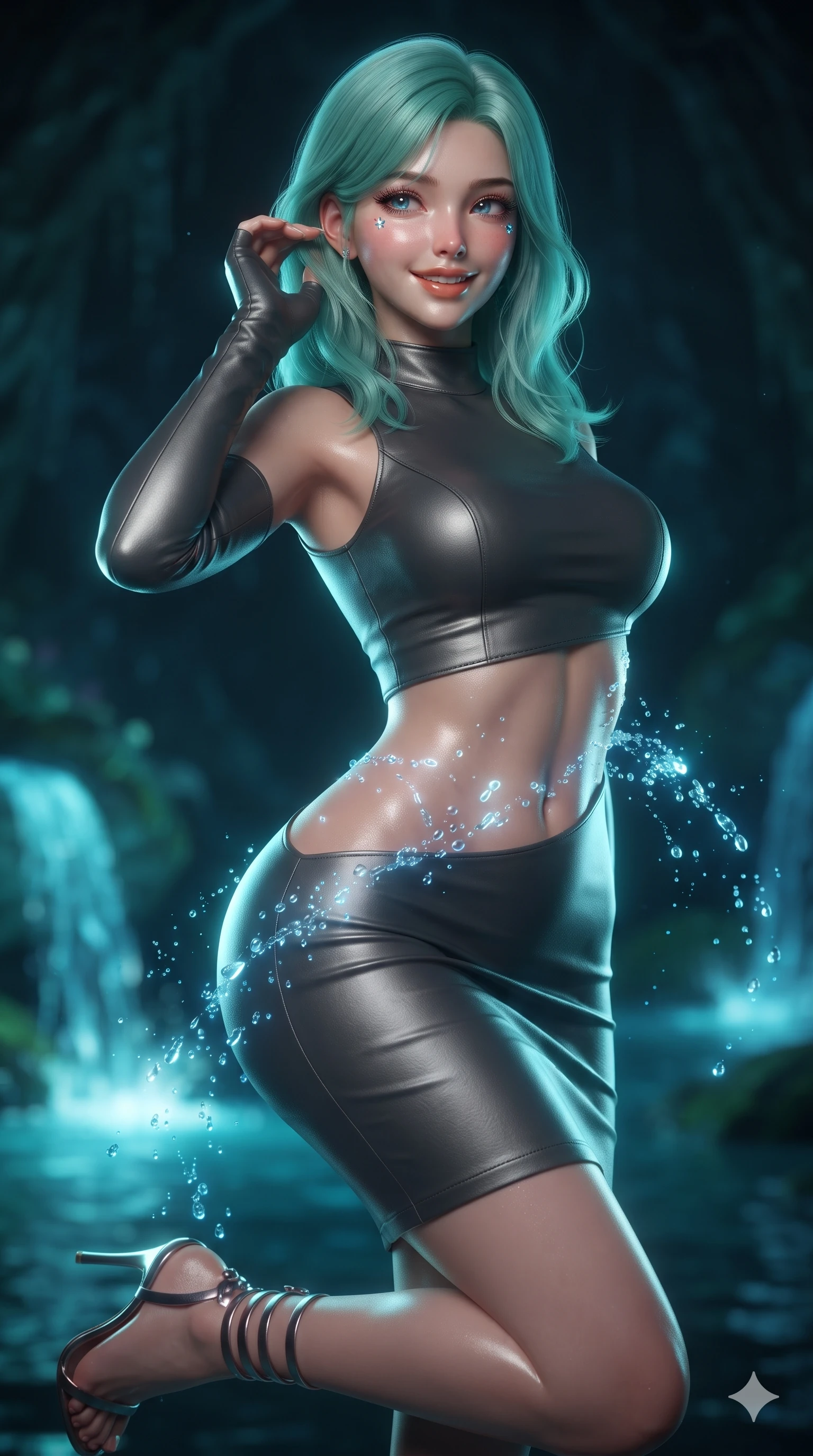 score_9, masterpiece, best quality, ultra-detailed, high-budget anime keyframe, semi-realistic 3D game render, editorial fashion photography, tasteful artistic composition, Japanese woman. close-up cowboy shot from the waist and thighs up, the character dominates the composition, filling the frame with her large presence. gently brushing a lock of hair behind her ear while casting a playful, flirtatious side-gaze with long eyelashes while twisting her slender torso in an alluring S-curve, cascading blue light droplets painting sensual ribbons across her flat midriff and hips. The background shows a soft-focus bioluminescent water spray softened in deep subterranean grotto shallow focus. She has an exceptionally elegant, slender, and willowy female figure with an ultra-slim waist, flat toned midriff, narrow ribcage, and sculpted feminine hips creating an alluring, slim hourglass silhouette without bulk. sharp v-shaped jawline, high-bridge nose, intricate jewel-like sparkling eyes with depth, thick eyelashes, glossy parted lips with a natural peach sheen, bright cheerful beaming smile with an enchanting and coquettish sensual glint, exuding both youthful cute charm and seductive allure, flawlessly proportioned anatomical accuracy, strict slender model proportions, natural body alignment, perfectly sculpted long slender limbs, ultra-slim waistline, clean dynamic posture without body distortion. wearing a glove-like stretch lambskin leather sheath dress accentuating her ultra-slim waistline without bulk in charcoal grey and polished chrome, woven from buttery-soft stretch lambskin leather adhering to her body like a second skin, complemented by strappy stiletto sandals with metallic ankle wraps accentuating her slender calves, the glove-like clinging cut tightly following the natural contour of her hips and long slender legs with youthful 8.5-heads elegance. illuminated by waterfall spray bounce and sharp cyan-white rim lights defining her jawline, narrow waist, and curvy hips. highly saturated vibrant anime colors, detailed shading with soft gradients, rich glossy textures, high-contrast stereoscopic depth, volumetric dynamic lighting, master piece, 9:16 ratio