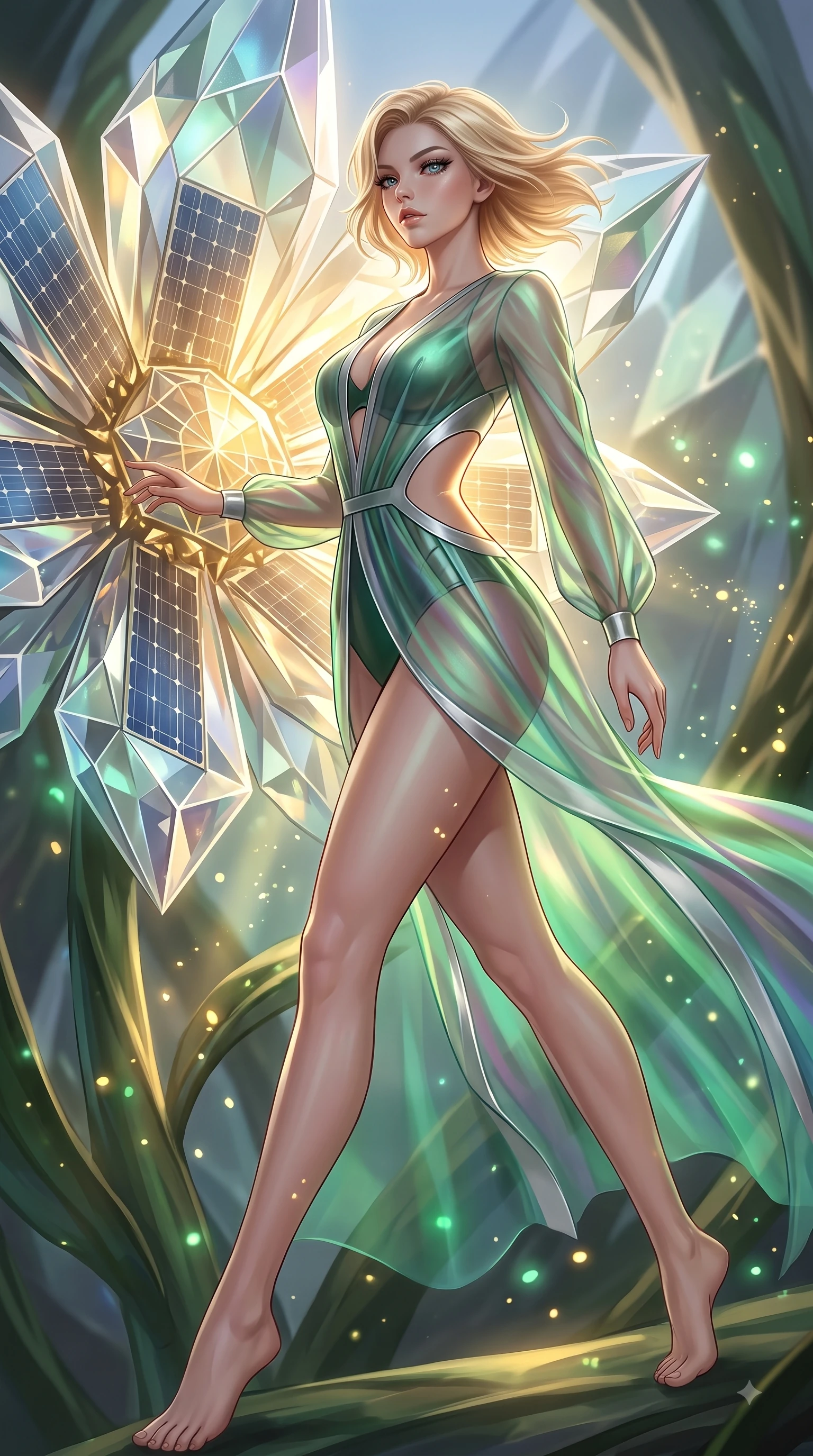 score_9, masterpiece, best quality, ultra-detailed, high-budget anime keyframe, editorial fashion photography, tasteful artistic composition, Caucasian woman. low angle full-body shot from head to toe showing her feet, filling the entire 9:16 vertical frame with her statuesque presence, stretching her vertical silhouette. forging dynamically through the scene with her long slender legs and ultra-slim waist creating a sweeping curve while resting near a giant solar-powered crystal flower as warm sunlight illuminates her slender waist, glowing pollen particles drifting gracefully around her statuesque silhouette. She has an absolutely perfect, statuesque 8.5-heads proportion, an exceptionally tall and slender model-like female figure with impossibly long slender legs and an ultra-slim waist. sharp v-shaped jawline, high-bridge nose, intricate jewel-like eyes with depth, thick eyelashes, glossy lips with a natural sheen, flawlessly proportioned anatomical accuracy, natural body alignment, perfectly sculpted elegant limbs, clean dynamic posture without body distortion. wearing a semi-opaque sheer overlay dress over a leather micro-bodysuit in deep emerald green and silver accent, crafted from iridescent chiffon that shifts colors in the light, featuring clean architectural cutouts along her slender torso, the tailored fabric tightly following every curve of her athletic build. bathed in warm golden sunlight and soft emerald bioluminescent glow. ultra-reflective glossy finish, specular highlights, metallic sheen, high-contrast stereoscopic depth, volumetric dynamic lighting, 2k, ultra detail, master piece, 9:16 ratio