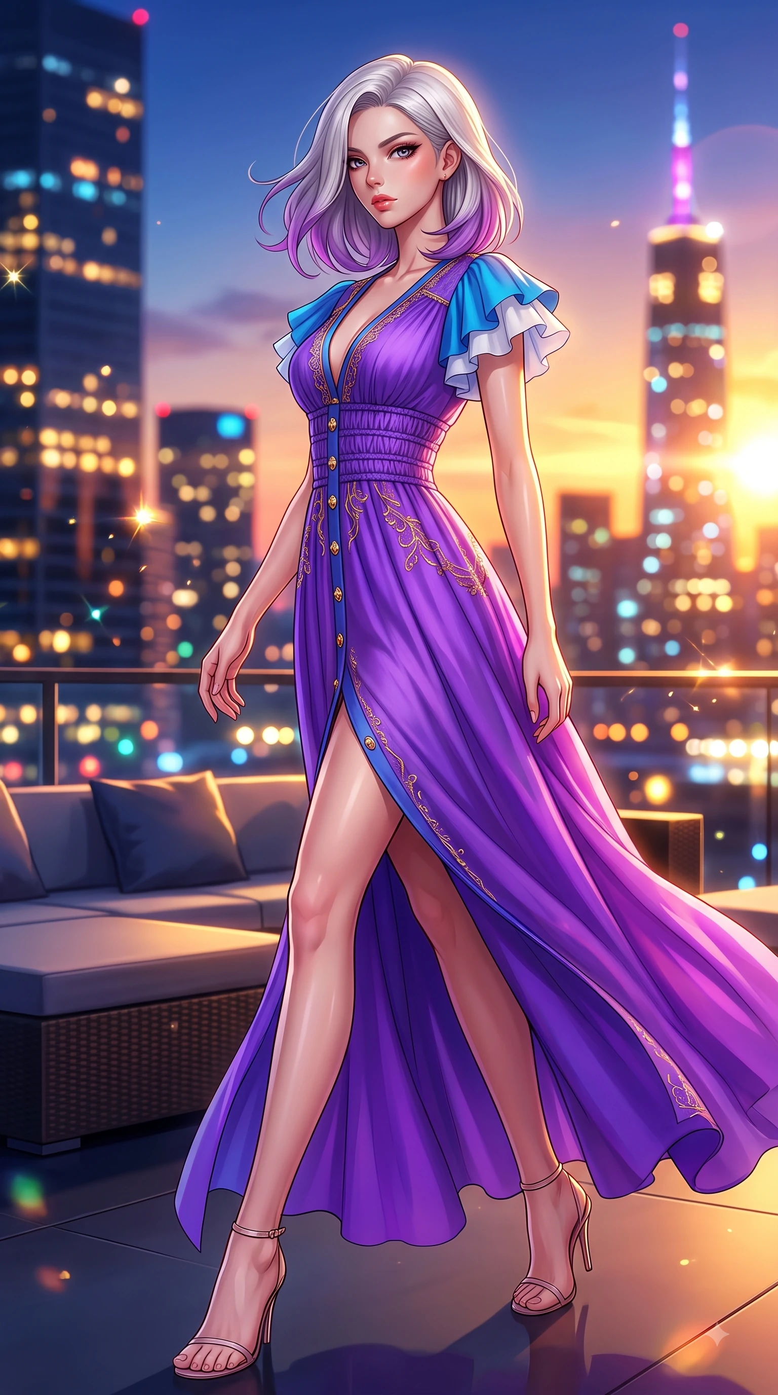 score_9, masterpiece, best quality, ultra-detailed, high-budget anime keyframe, editorial fashion photography, tasteful artistic composition, Caucasian woman. low angle full-body shot from head to toe showing her feet, filling the entire 9:16 vertical frame with her statuesque presence, stretching her vertical silhouette. Seductively magnetic look casting a fiery side-gaze with full glossy lips and smoldering glamour while stepping gracefully onto an open-air rooftop lounge as golden sunset city lights twinkle. The composition keeps background elements in soft focus with dreamy bokeh. twinkling city tower lights and glowing sunset sky blurred into sparkling urban bokeh. She has an absolutely perfect, statuesque 8.5-heads proportion, an exceptionally tall and slender model-like female figure with impossibly long slender legs and an ultra-slim waist. sharp v-shaped jawline, high-bridge nose, intricate jewel-like eyes with depth, thick eyelashes, glossy lips with a natural sheen, flawlessly proportioned anatomical accuracy, natural body alignment, perfectly sculpted elegant limbs, clean dynamic posture without body distortion. wearing a vivid violet chiffon gown with delicate smocked details and flutter sleeves in electric azure blue and cloud white, crafted from soft breathable Italian linen, finished with gold metallic hardware buttons along the front, the chic fashion cut framing her graceful clavicle and slender torso. bathed in dramatic golden hour sunset glow and vibrant urban night lights. highly saturated vibrant anime colors, detailed shading with soft gradients, rich glossy textures, high-contrast stereoscopic depth, volumetric dynamic lighting, master piece, 9:16 ratio
