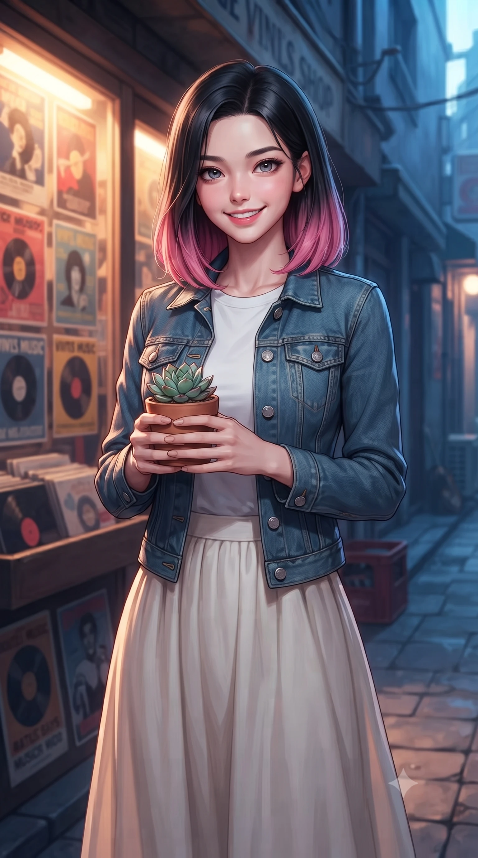 score_9, masterpiece, best quality, ultra-detailed, high-budget anime keyframe, editorial fashion photography, tasteful artistic composition, Korean woman. close-up cowboy shot from the waist and thighs up, the character dominates the composition, filling the frame with her large presence, background elements kept in soft focus. smiling cutely with an air of effortless superiority and magnetic charm set against a soft-focus background of in front of a vintage vinyl record shop with retro music posters in the window holding a small potted succulent with a delighted, cute expression. She has an exceptionally elegant, slender, and willowy female figure with an ultra-slim waist, a gracefully sculpted slender torso, and a refined silhouette. sharp v-shaped jawline, high-bridge nose, intricate jewel-like eyes with depth, thick eyelashes, glossy lips with a natural sheen. wearing form-contouring casual denim jacket worn over a simple white tee and a long cotton skirt. warm glow from the shop windows clashing with the cool blue alley shadows. ultra-reflective glossy finish, specular highlights, metallic sheen, high-contrast stereoscopic depth, volumetric dynamic lighting, 2k, ultra detail, master piece, 9:16 ratio