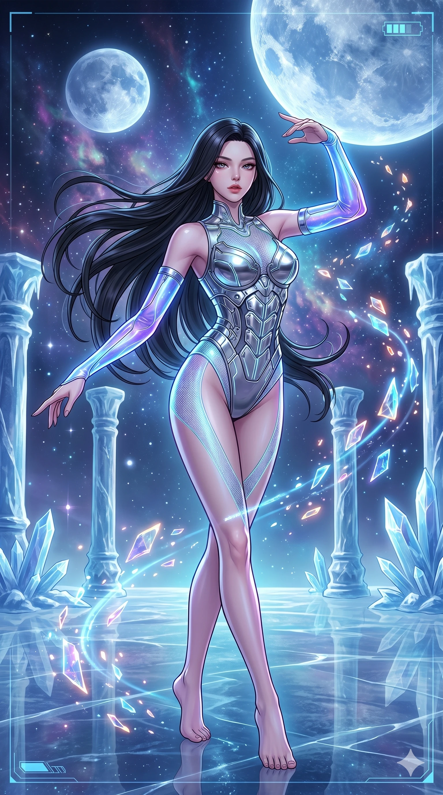 score_9, masterpiece, best quality, ultra-detailed, high-budget anime movie keyframe, cinematic anime lighting, intricate line art, Korean woman. Medium shot of upper body capturing the intricate details of her high-fashion attire. dancing with data-shards in a frozen starlight ballroom under a twin-moon sky. She has an absolutely perfect 8-heads proportion, an exceptionally tall and slender female figure with an ultra-slim waist and impossibly long slender legs. sharp v-shaped jawline, high-bridge nose, intricate jewel-like eyes, thick eyelashes, glossy lips. Wearing asymmetrical high-cut tech-bodysuit with detached glowing sleeves, chrome-plated mechanical corset, and bioluminescent mesh panels clinging to her slender figure. The scene is illuminated by dramatic atmospheric lighting and vibrant color palettes. , 2k, ultra detail, master piece, 9:16 ratio