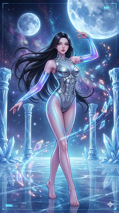 score_9, masterpiece, best quality, ultra-detailed, high-budget anime movie keyframe, cinematic anime lighting, intricate line art, Korean woman. Medium shot of upper body capturing the intricate details of her high-fashion attire. dancing with data-