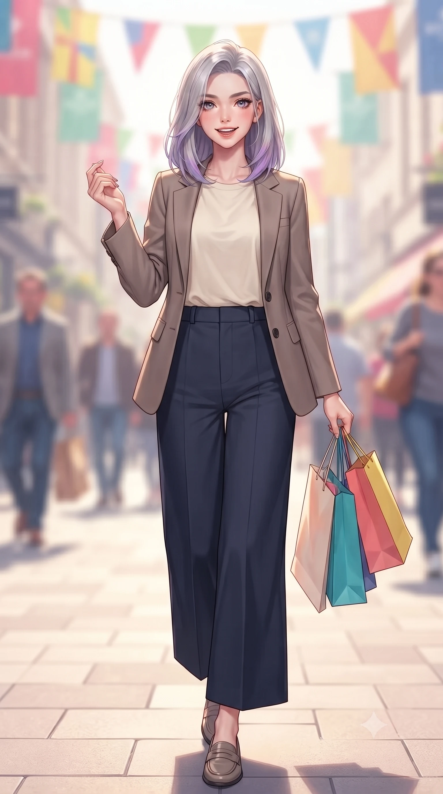 score_9, masterpiece, best quality, ultra-detailed, high-budget anime keyframe, editorial fashion photography, tasteful artistic composition, Caucasian woman. close-up cowboy shot from the waist and thighs up, the character dominates the composition, filling the frame with her large presence, background elements kept in soft focus. flashing a sweet yet sultry smile, holding her hand near her shoulder in a poised gesture set against a soft-focus background of walking down a pedestrian shopping boulevard with colorful flags overhead carrying a couple of colorful shopping bags with a happy, excited look. She has an exceptionally elegant, slender, and willowy female figure with an ultra-slim waist, a gracefully sculpted slender torso, and a refined silhouette. sharp v-shaped jawline, high-bridge nose, intricate jewel-like eyes with depth, thick eyelashes, glossy lips with a natural sheen. wearing body-hugging tailored casual blazer in taupe, paired with a loose tee and wide-leg trousers. soft morning sun rays painting the street in a fresh, energetic gold tone. highly saturated vibrant anime colors, detailed shading with soft gradients, rich glossy textures, high-contrast stereoscopic depth, volumetric dynamic lighting, master piece, 9:16 ratio