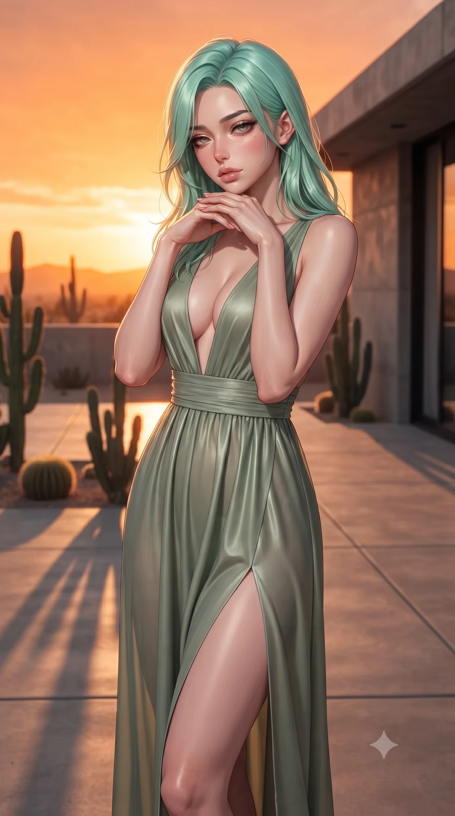 score_9, masterpiece, best quality, ultra-detailed, high-budget anime keyframe, editorial fashion photography, tasteful artistic composition, Japanese woman woman. close-up cowboy shot from the waist and thighs up, the character dominates the composition, filling the frame with her large presence, background elements kept in soft focus. resting her chin on the backs of her fingers, casting a heavy-lidded, sultry look past the camera the background shows a soft-focus a patio of a modern concrete villa in the desert, with minimalist cacti landscaping. She has an exceptionally elegant, slender, and willowy female figure with an ultra-slim waist, a gracefully sculpted slender torso, and a refined silhouette. sharp v-shaped jawline, high-bridge nose, intricate jewel-like eyes with depth, thick eyelashes, glossy lips with a natural sheen. wearing a form-contouring deep plunging-V neck maxi dress in sage green chiffon, featuring a high side slit ascending to mid-thigh. the dramatic orange glow of a desert sunset casting long shadows of the cacti. ultra-reflective glossy finish, specular highlights, metallic sheen, high-contrast stereoscopic depth, volumetric dynamic lighting, 2k, ultra detail, master piece, 9:16 ratio