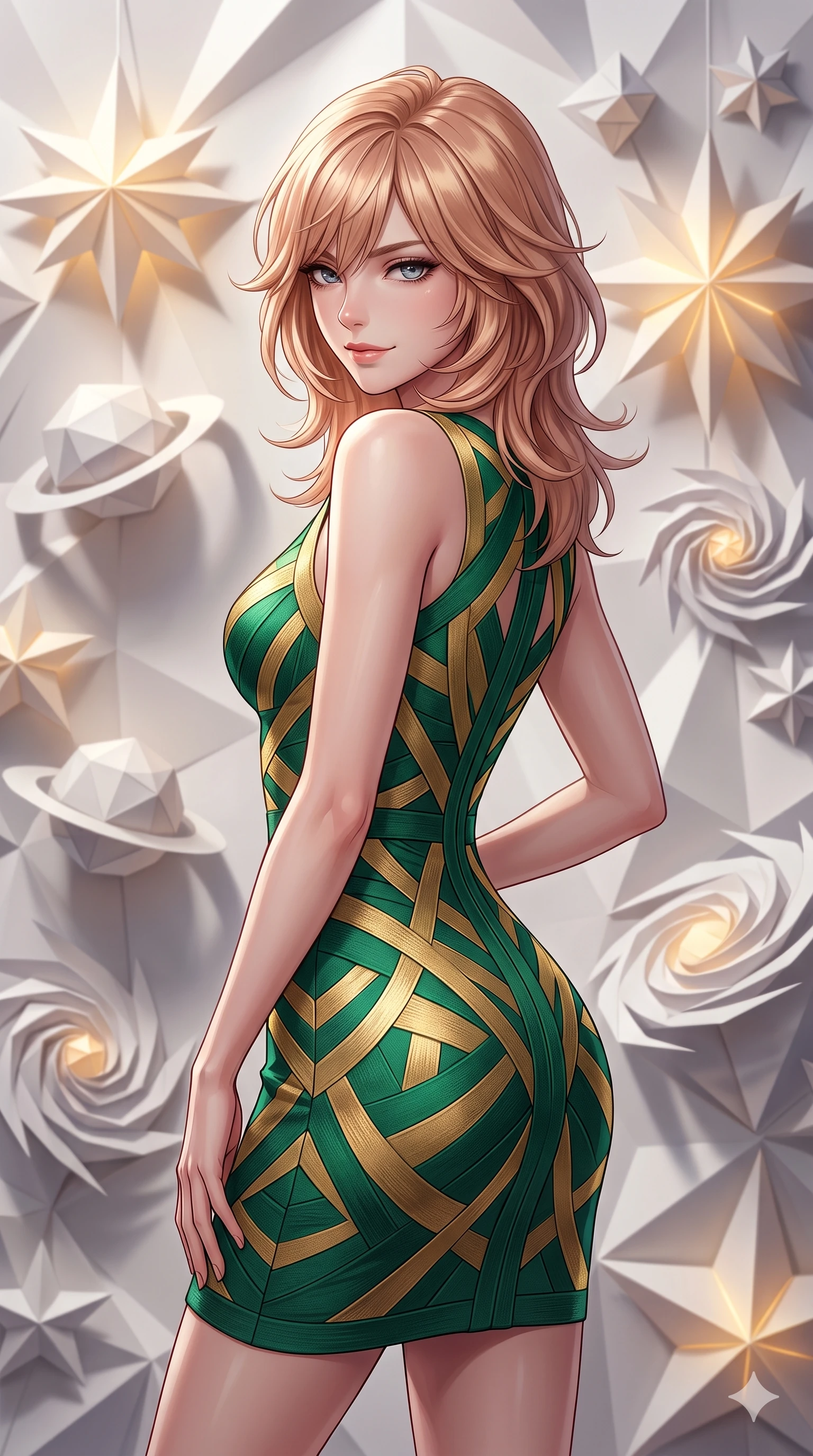 score_9, masterpiece, best quality, ultra-detailed, high-budget anime keyframe, editorial fashion photography, tasteful artistic composition, Japanese woman. close-up cowboy shot from the waist and thighs up, the character dominates the composition, filling the frame with her large presence, background elements kept in soft focus. Glancing sidelong over her shoulder with a smoldering half-smile. set against a soft-focus background of a dimension made entirely of folded paper where origami stars planets and spiral galaxies float in precise geometric formations with crisp paper folds catching light at every angle. She has an exceptionally elegant and slender, willowy female figure with an ultra-slim waist, a gracefully sculpted slender torso, and a refined slim physique. sharp v-shaped jawline, high-bridge nose, intricate jewel-like eyes with depth, thick eyelashes, glossy lips with a natural sheen. wearing a precision-cut bandage dress in a striking emerald and gold pattern, contouring and highlighting her slender hourglass waist. clean white directional light from above casting sharp geometric shadows from the paper structures with subtle warm golden glow emanating from within the origami stars. 2k, ultra detail, master piece, 9:16 ratio