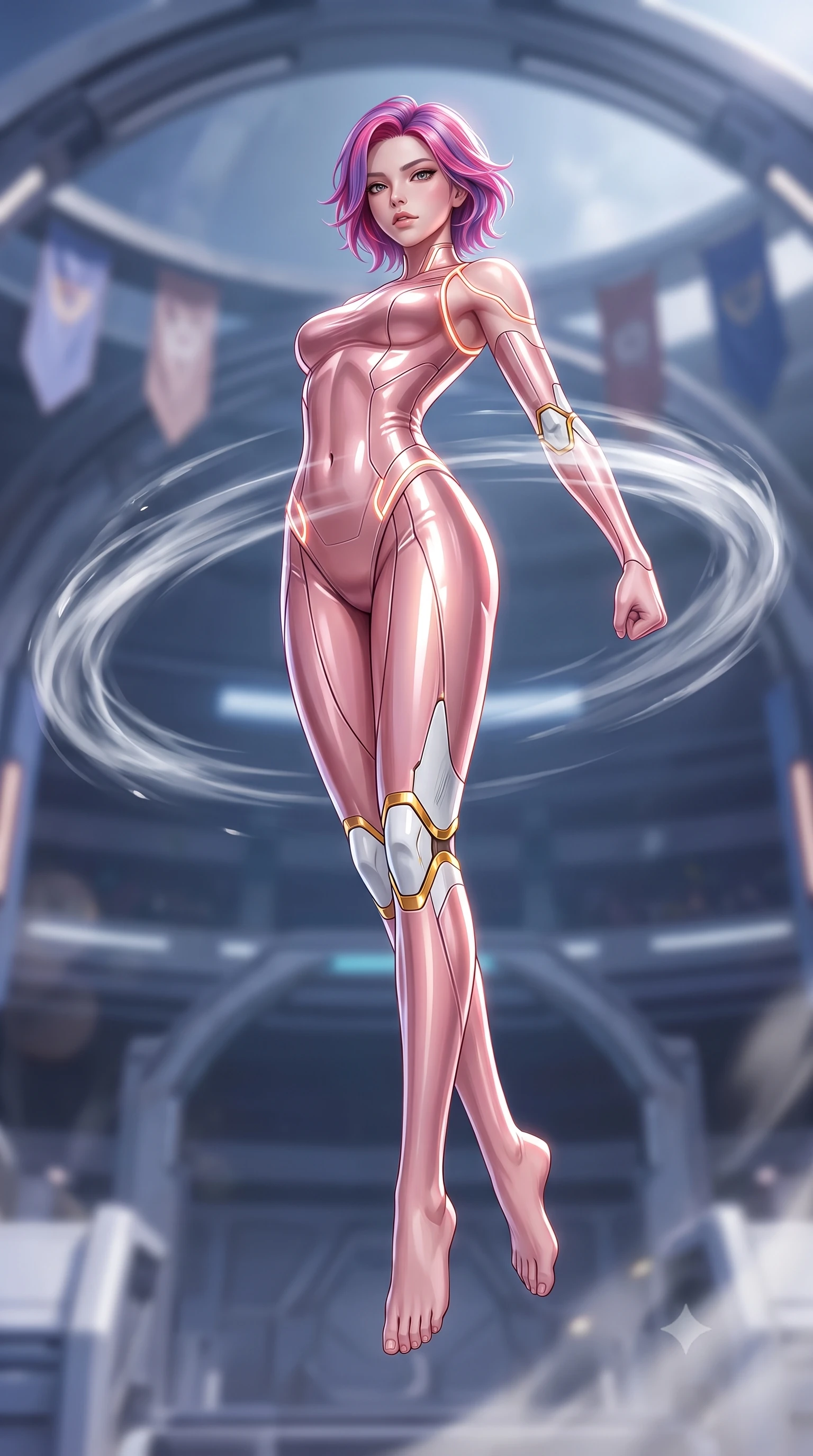 score_9, masterpiece, best quality, ultra-detailed, high-budget anime keyframe, semi-realistic 3D game render, editorial fashion photography, tasteful artistic composition, Caucasian woman. low angle full-body shot from head to toe showing her feet, filling the entire 9:16 vertical frame with her statuesque presence, stretching her vertical silhouette. leaping into mid-air with an athletic yet alluring arch of her spine, driving a downward kinetic strike surrounded by a ring of displaced air while arching her back gracefully in mid-air with an athletic leap, her impossibly long slender legs stretched in flawless martial form. The composition keeps background elements in soft focus with creamy bokeh. massive arena titanium arches and banner pennants softened in dramatic shallow depth of field. She has an absolutely perfect, statuesque 8.5-heads proportion, an exceptionally tall and slender model-like female figure with impossibly long slender legs, a toned flat midriff, and an ultra-slim waist. sharp v-shaped jawline, high-bridge nose, intricate jewel-like eyes with depth, thick eyelashes, glossy lips with a natural sheen, flawlessly proportioned anatomical accuracy, strict slender model proportions, natural body alignment, perfectly sculpted long slender limbs, ultra-slim waistline, clean dynamic posture without body distortion. wearing a form-fitting luminous rose-gold carbon combat gown with tactical high leg slits and flexible kinetic knee articulation in arctic white carbon composite with radiant solar gold plating, formed from high-gloss patent carbon-plating with specular chiaroscuro reflections, accented with glowing fiber-optic conduits tracing her collarbones and hip curves, the glove-like aerodynamic second-skin fit tightly clinging to her ultra-slender waist and athletic curves without adding bulk, accentuating her razor-sharp statuesque lines and slim hourglass silhouette. illuminated by crisp white key lighting with sharp specular highlights tracing her ultra-slim waist and long legs. rich saturated anime colors with glowing neon highlights, detailed shading with soft gradients, rich glossy textures, high-contrast stereoscopic depth, volumetric dynamic lighting, master piece, 9:16 ratio