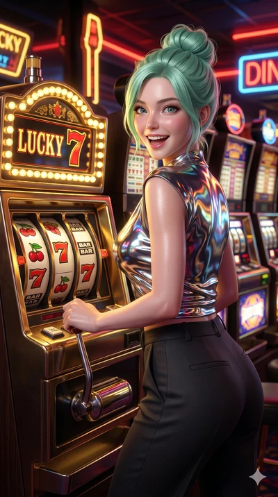 score_9, masterpiece, best quality, ultra-detailed, high-budget anime keyframe, semi-realistic 3D game render, Japanese woman. Upper body close-up from the thighs up, character filling the screen for maximum presence. Standing next to a retro slot ma