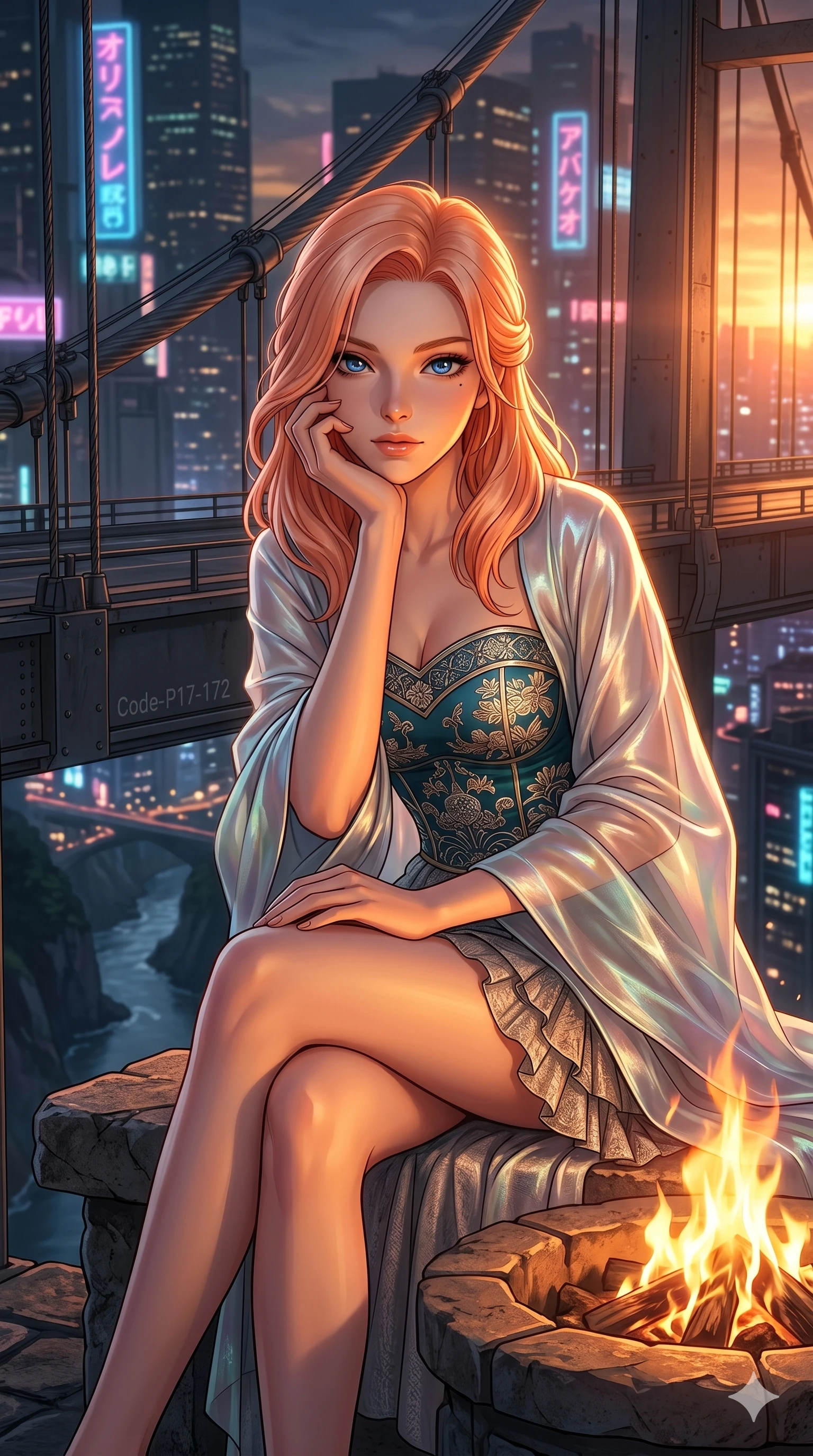 score_9, masterpiece, best quality, ultra-detailed, high-budget anime keyframe, editorial fashion photography, tasteful artistic composition, Japanese woman. cowboy shot from the thighs up, character and outfit filling the frame for maximum editorial presence. sitting near the fire, resting her chin on her hand on a suspension bridge overlooking neon metropolis (Code-P17-172). She has an absolutely perfect 8-heads proportion, an exceptionally tall and slender female figure with impossibly long slender legs and an ultra-slim waist. V-shaped jawline, high-bridge nose, intricate jewel-like eyes with depth, thick eyelashes, glossy lips with a natural sheen. wearing a fine patterned embroidery structured bodice top paired with a translucent wrap. dramatic chiaroscuro lighting from the setting sun, accentuating her statuesque height. 2k, ultra detail, master piece, 9:16 ratio