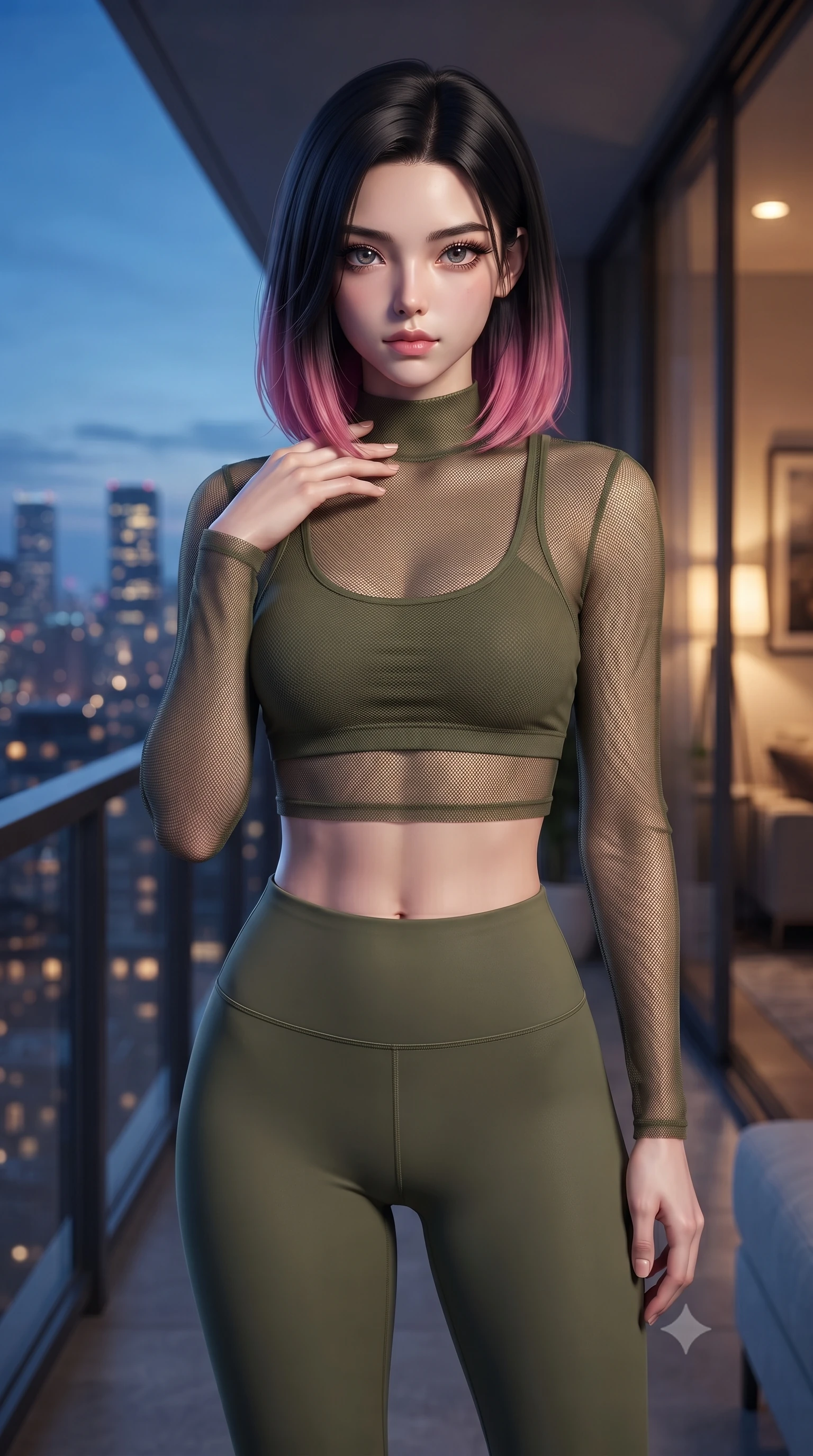 score_9, masterpiece, best quality, ultra-detailed, high-budget anime keyframe, editorial fashion photography, tasteful artistic composition, Korean woman woman. close-up cowboy shot from the waist and thighs up, the character dominates the composition, filling the frame with her large presence, background elements kept in soft focus. standing with one hand resting on her collarbone, looking at the viewer with bedroom-eyes the background shows a soft-focus a modern apartment balcony overlooking a distant glittering city skyline at dusk. She has an exceptionally elegant, slender, and willowy female figure with an ultra-slim waist, a gracefully sculpted slender torso, and a refined silhouette. sharp v-shaped jawline, high-bridge nose, intricate jewel-like eyes with depth, thick eyelashes, glossy lips with a natural sheen. wearing a slim-fit sheer mesh long-sleeve crop top in olive green, worn over a matching sports bra and leggings. the cool blue twilight sky contrasting with the warm golden lights of the room inside. ultra-reflective glossy finish, specular highlights, metallic sheen, high-contrast stereoscopic depth, volumetric dynamic lighting, 2k, ultra detail, master piece, 9:16 ratio