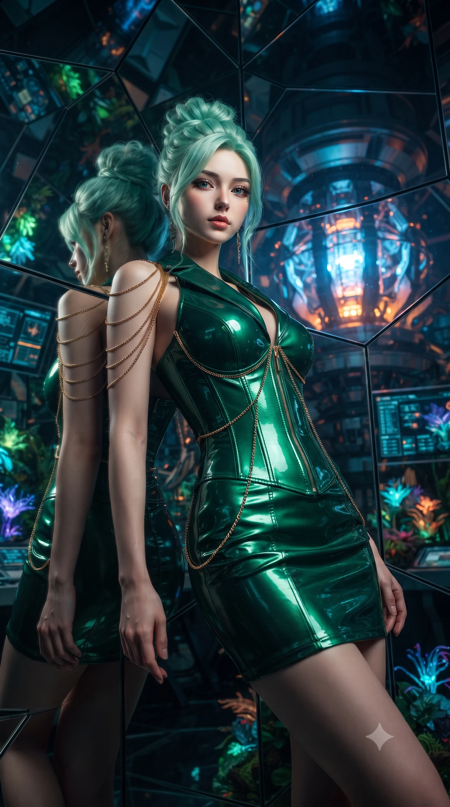 score_9, masterpiece, best quality, ultra-detailed, High-budget Anime Keyframe, editorial fashion photography, tasteful artistic composition, realistic cosplay photography, East Asian woman. Low angle cowboy shot filling the entire 9:16 frame with her statuesque presence. Scenario 448: leaning back against a wall of virtual mirrors in a secret bio-dome containing a giant glowing fusion reactor. Her presence is magnetic and overpowering in this high-budget cinematic scene. Outfit 448: a slim-fit emerald green patent leather corset dress featuring an elegant plunging collar and fine gold chains. The clothing is designed to emphasize her exceptionally tall and slender 8-heads proportion. 8-heads proportion, towering silhouette, ultra-slim waist. sharp v-shaped jawline, intricate jewel-like eyes with depth, thick eyelashes, glossy lips. ultra-reflective glossy finish, specular highlights, metallic sheen, high-contrast stereoscopic depth, volumetric dynamic lighting, 2k, ultra detail, master piece, 9:16 ratio
