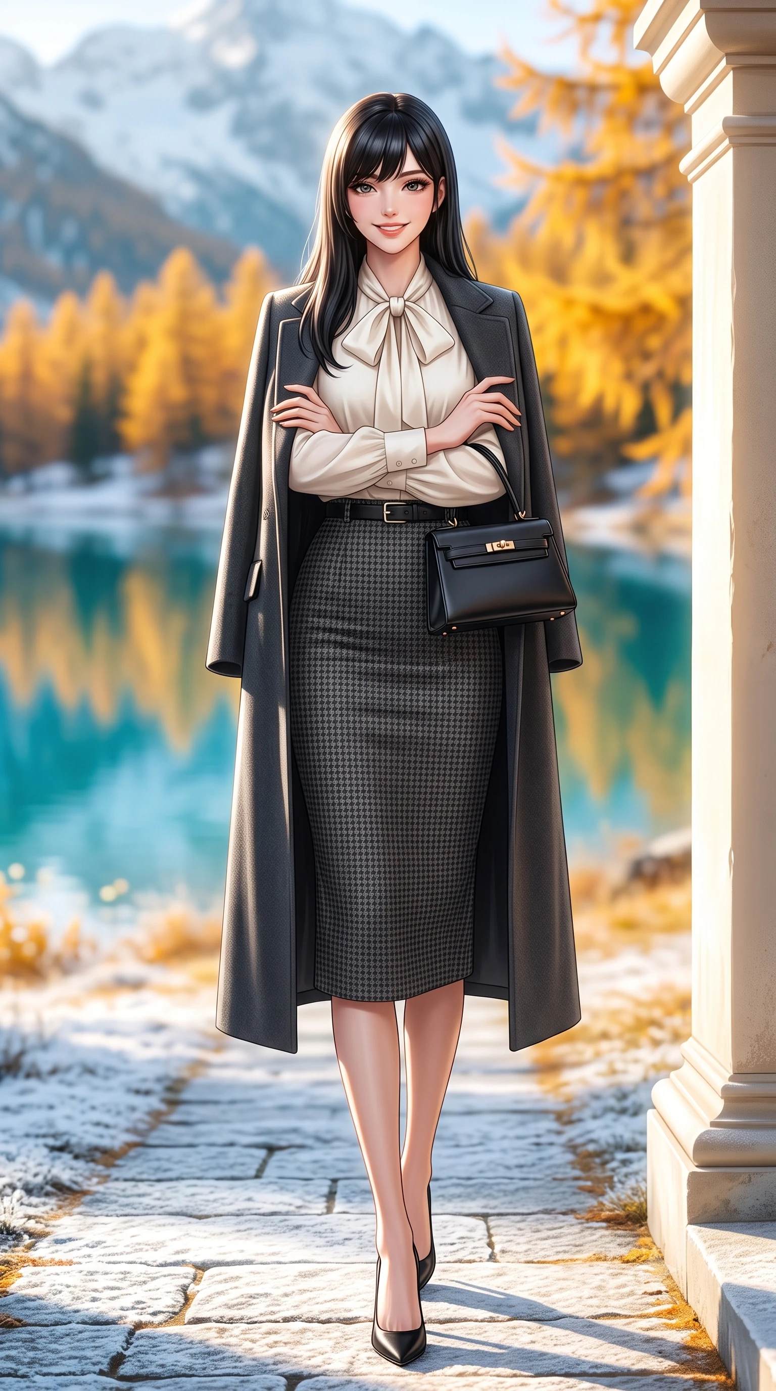 score_9, masterpiece, best quality, ultra-detailed, high-budget anime keyframe, semi-realistic 3D game render, editorial fashion photography, tasteful artistic composition, Caucasian woman. low angle full-body shot from head to toe showing her feet, filling the entire 9:16 vertical frame with her statuesque presence, stretching her vertical silhouette. leaning lightly against the sunlit architectural column with arms crossed loosely, flashing a warm, confident smile while stepping forward with brisk, graceful strides on the frosted path, her long wool coat creating an impeccably slender vertical line. The background shows a soft-focus mirror-like turquoise lake reflecting snow peaks, blazing golden needle larch trees, and early morning shoreline frost blurred into turquoise, marigold, and frost white bokeh. She has an exceptionally tall and slender model-like 8.5-heads proportion, an ultra-slim waist, a flat toned midriff, narrow delicate ribcage, and beautifully sculpted feminine hips creating a graceful, slim hourglass silhouette without any bulky heaviness, with impossibly long slender legs. sharp v-shaped jawline, high-bridge nose, intricate jewel-like sparkling eyes with depth, thick eyelashes, glossy parted lips with a natural peach sheen, bright cheerful beaming smile with an enchanting and coquettish sensual glint, exuding both youthful cute charm and seductive allure, flawlessly proportioned anatomical accuracy, strict slender model proportions, natural body alignment, perfectly sculpted long slender limbs, ultra-slim waistline, clean dynamic posture without body distortion. wearing a fluid silk crepe pussy-bow blouse paired with a high-waisted tailored pencil midi skirt and slim leather belt in classic Savile Row charcoal houndstooth and crisp ivory, woven from fine Australian merino wool with a smooth fluid drape and subtle sheen, finished with a structured leather top-handle mini bag resting gracefully at her side, the streamlined silhouette following her natural slender proportions with sophisticated poise, enhancing her tall willowy presence. illuminated by frosted ground bounce and sharp crystalline rim lights defining her features, narrow waist, and statuesque height. highly saturated vibrant anime colors, detailed shading with soft gradients, rich glossy textures, high-contrast stereoscopic depth, volumetric dynamic lighting, master piece, 9:16 ratio