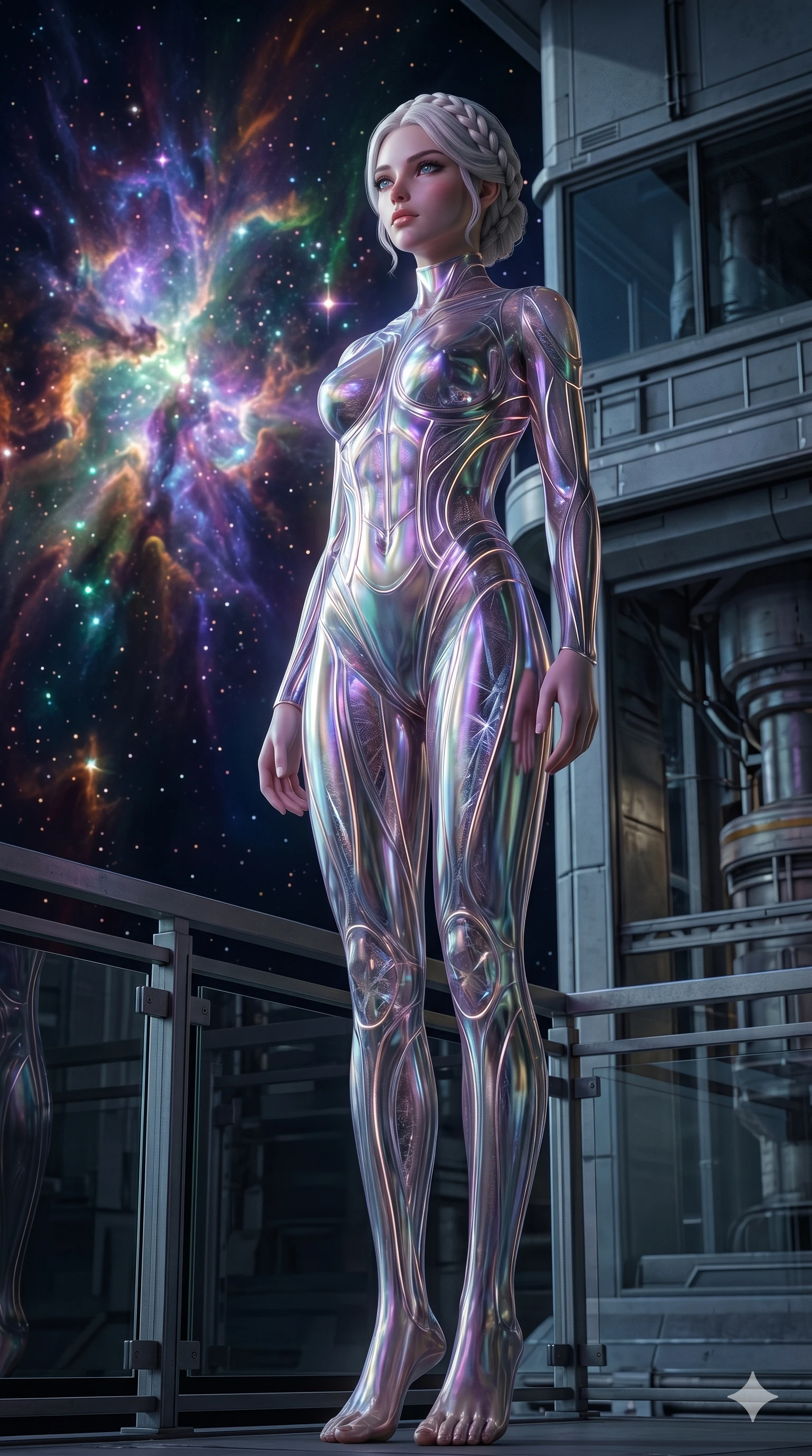 score_9, masterpiece, best quality, ultra-detailed, Photorealistic 8k CG, masterpiece, hyper-realistic SSS skin texture, cinematic ray-tracing, every pore and strand of hair rendered with extreme precision, 8k resolution, Caucasian woman with pale skin, blonde hair, and (strictly human ears). Cinematic low angle perspective showcasing her towering height and perfect 8-heads proportion. Observing the slow birth of a new nebula from her private balcony on a space station, the colors reflecting in her eyes. She has an absolutely perfect 8-heads proportion, an exceptionally tall and slender female figure with impossibly long slender legs and an ultra-slim waist, her statuesque height and towering silhouette dominating the vertical 9:16 frame. Her face is a masterpiece featuring a sharp v-shaped jawline, high-bridge nose, intricate jewel-like eyes with depth, thick eyelashes, and glossy lips with a natural sheen. She is wearing a Iridescent sheer catsuit with glowing lines that pulse in sync with her heartbeat crafted from Molten liquid mercury that flows and reflects the environment with metallic perfection, featuring a crystalline structure that catches the light and reveals her slender frame. The scene is set in a gritty industrial factory with glowing molten metal, flying sparks, and deep shadows, illuminated by soft bioluminescent glow from the environment casting ethereal colors on her skin. 2k, ultra detail, master piece, 9:16 ratio