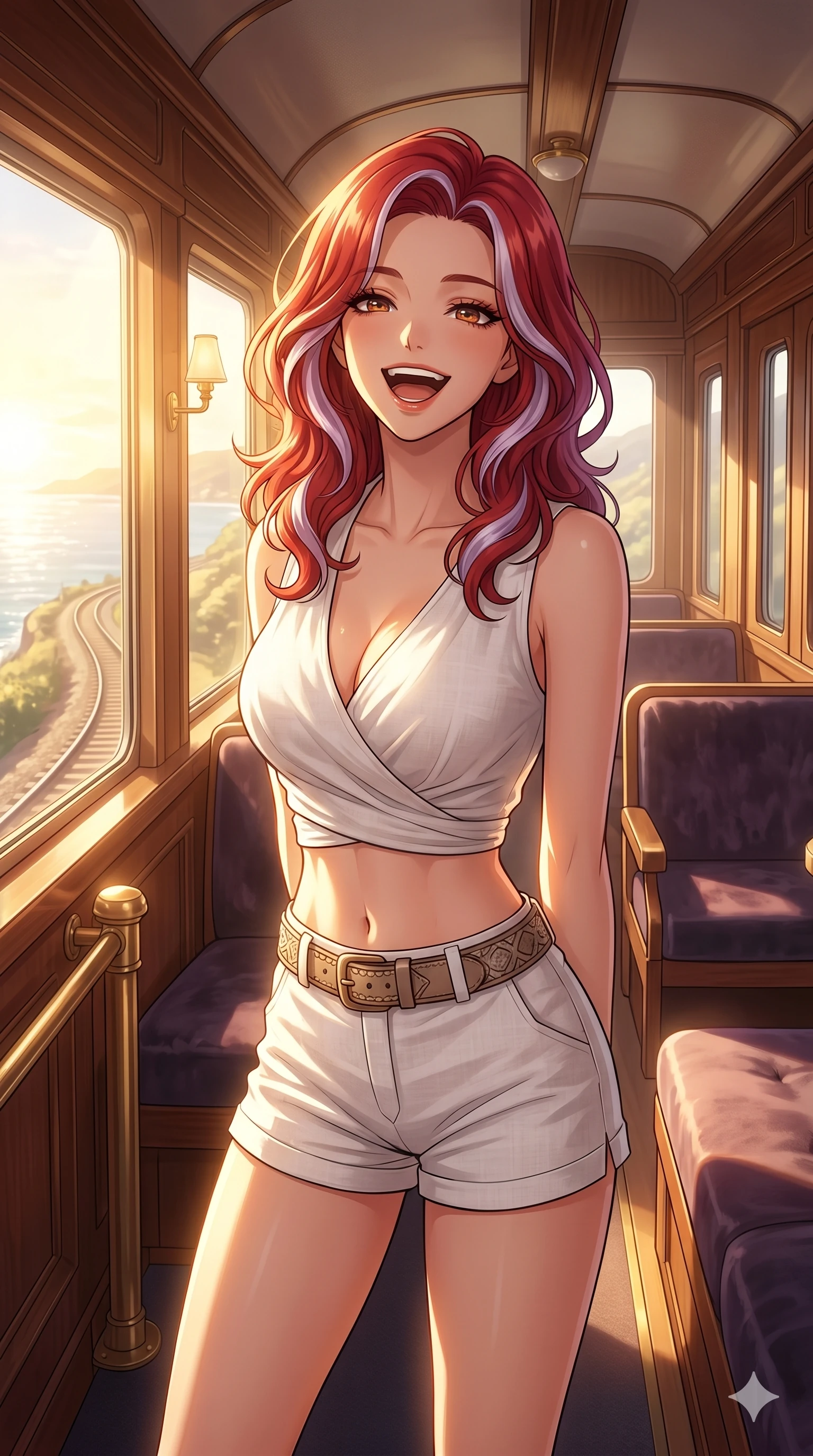 score_9, masterpiece, best quality, ultra-detailed, high-budget anime keyframe, vibrant anime aesthetic, Caucasian woman, strictly human ears. cowboy shot from the thighs up, character and outfit filling the frame for maximum presence. She is posing with a cheerful laugh, looking directly into the lens with warm eyes inside a luxury train lounge car showing a sunny coast (Code-P20-078). She has an absolutely perfect 8-heads proportion, an exceptionally tall and slender female figure with impossibly long slender legs and an ultra-slim waist. V-shaped jawline, high-bridge nose, intricate jewel-like eyes with depth, thick eyelashes, glossy lips with a natural sheen. wearing a wrap top exposing her bare midriff and micro-shorts. She is dramatic volumetric lighting from the rising sun, accentuating her statuesque silhouette. 2k, ultra detail, master piece, 9:16 ratio