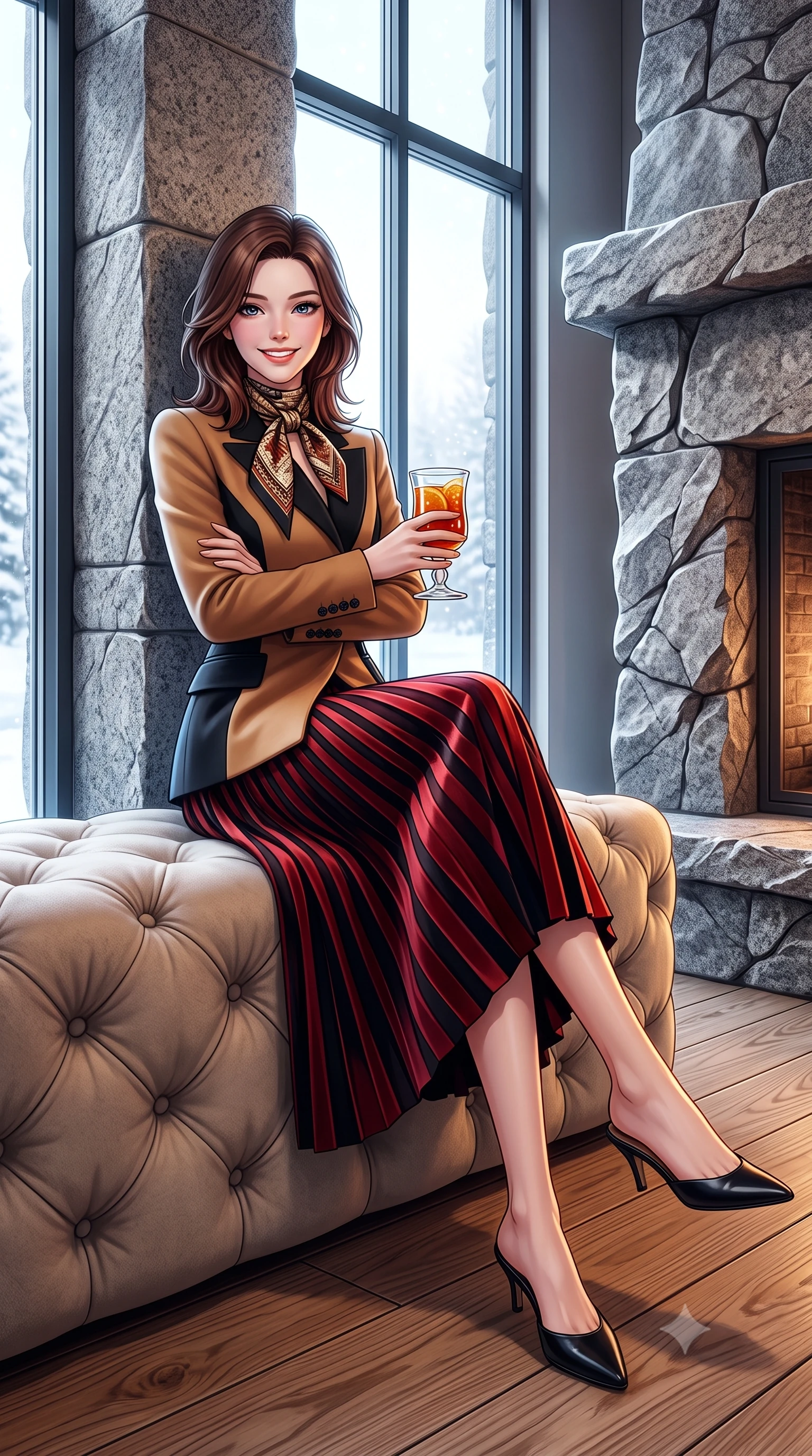 score_9, masterpiece, best quality, ultra-detailed, high-budget anime keyframe, semi-realistic 3D game render, editorial fashion photography, tasteful artistic composition, Korean woman. low angle full-body shot from head to toe showing her feet, filling the entire 9:16 vertical frame with her statuesque presence, stretching her vertical silhouette. leaning lightly against the sunlit architectural column with arms crossed loosely, flashing a warm, confident smile while sitting gracefully on an oversized cashmere-upholstered banquette near the stone hearth, holding a glass of spiced cider with cozy luxury charm. The surrounding environment is rendered in vivid detail and crisp panoramic clarity: sharp natural cleavage lines in rough-hewn granite fireplace, triple-glazed insulated window seals, and wide fir timber plank grain in deep focus. She has an exceptionally tall and slender model-like 8.5-heads proportion, an ultra-slim waist, a flat toned midriff, narrow delicate ribcage, and beautifully sculpted feminine hips creating a graceful, slim hourglass silhouette without any bulky heaviness, with impossibly long slender legs. sharp v-shaped jawline, high-bridge nose, intricate jewel-like sparkling eyes with depth, thick eyelashes, glossy parted lips with a natural peach sheen, bright cheerful beaming smile with an enchanting and coquettish sensual glint, exuding both youthful cute charm and seductive allure, flawlessly proportioned anatomical accuracy, strict slender model proportions, natural body alignment, perfectly sculpted long slender limbs, ultra-slim waistline, clean dynamic posture without body distortion. wearing an asymmetrical-wrap tailored wool jacket with clean geometric lines paired with a structured pleated maxi skirt in Kyoto autumn maple crimson and deep ink black, crafted from rich cotton velvet with deep light-absorbing pile and soft gradients, finished with a printed silk twilly scarf knotted gracefully around her neck, the sharp shoulder tailoring and gently nipped waist framing her slender torso with pristine sartorial perfection. illuminated by brilliant snow reflection fill and sharp ice-crystal rim lights defining her razor-sharp jawline and tall slender frame. highly saturated vibrant anime colors, detailed shading with soft gradients, rich glossy textures, high-contrast stereoscopic depth, volumetric dynamic lighting, master piece, 9:16 ratio