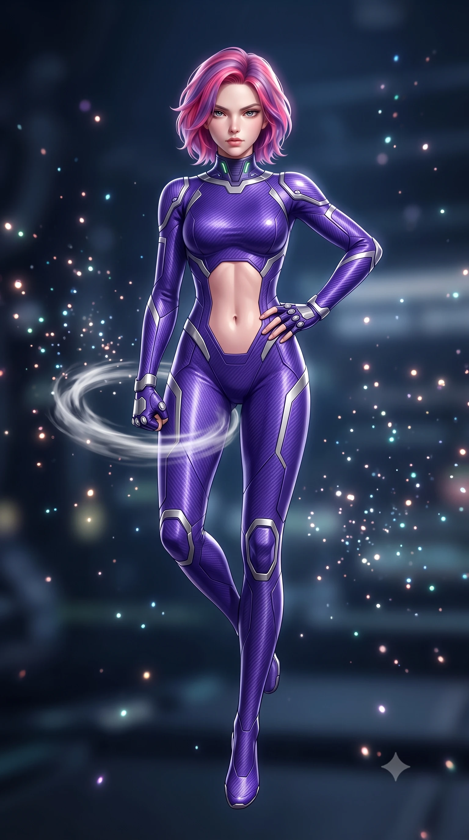 score_9, masterpiece, best quality, ultra-detailed, high-budget anime keyframe, semi-realistic 3D game render, editorial fashion photography, tasteful artistic composition, Caucasian woman. low angle full-body shot from head to toe showing her feet, filling the entire 9:16 vertical frame with her statuesque presence, stretching her vertical silhouette. leaping into mid-air with an athletic yet alluring arch of her spine, driving a downward kinetic strike surrounded by a ring of displaced air while resting one hand along her slender hip while gazing into the lens with an omniscient, dangerous martial smolder. The composition keeps background elements in soft focus with creamy bokeh. sparkling holographic data particles scattering soft glowing light motes across a deep tech backdrop. She has an absolutely perfect, statuesque 8.5-heads proportion, an exceptionally tall and slender model-like female figure with impossibly long slender legs, a toned flat midriff, and an ultra-slim waist. sharp v-shaped jawline, high-bridge nose, intricate jewel-like eyes with depth, thick eyelashes, glossy lips with a natural sheen, flawlessly proportioned anatomical accuracy, strict slender model proportions, natural body alignment, perfectly sculpted long slender limbs, ultra-slim waistline, clean dynamic posture without body distortion. wearing a precision-fitted royal purple carbon-fiber martial arts suit with silver accents and glowing micro-circuit knuckle plating in royal purple carbon fiber with rose-gold hardware and clasps, made of lightweight aerodynamic carbon-titanium alloy with polished edge bevels, featuring a sleek aerodynamic collar framed by subtle glowing cybernetic status LEDs, the precision-cut daring openings accentuating her delicate midriff, graceful bare collarbones, and ultra-slim feminine waistline. surrounded by an omniscient, divine, and radiantly transcendent martial muse aura. rich saturated anime colors with glowing neon highlights, detailed shading with soft gradients, rich glossy textures, high-contrast stereoscopic depth, volumetric dynamic lighting, master piece, 9:16 ratio