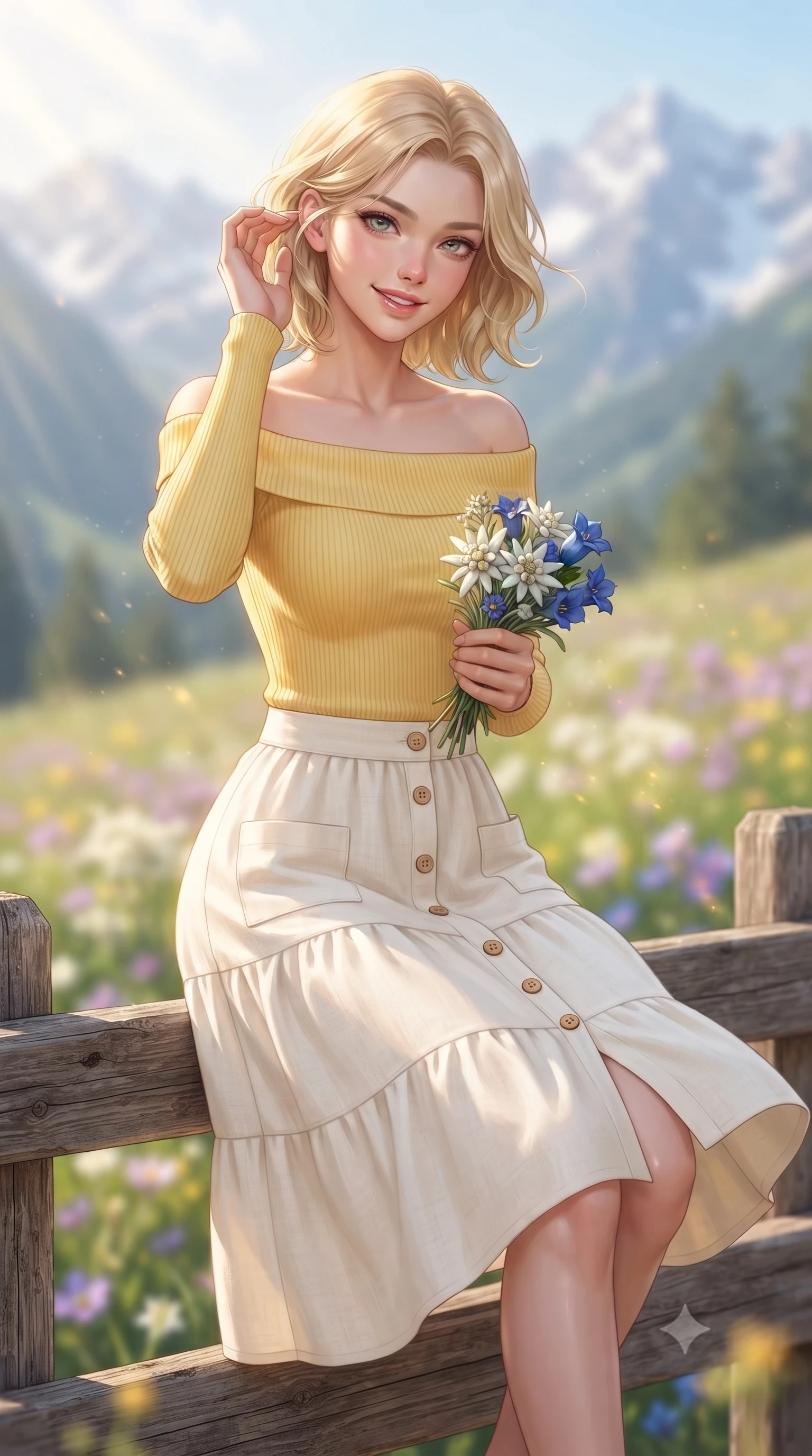 score_9, masterpiece, best quality, ultra-detailed, high-budget anime keyframe, editorial fashion photography, tasteful artistic composition, Caucasian woman. close-up cowboy shot from the waist and thighs up, the character dominates the composition, filling the frame with her large presence. tilting her head with a cute, youthful grin while brushing a stray strand of hair behind her ear with slender fingers while sitting delicately on a rustic wooden alpine fence holding a bouquet of freshly picked edelweiss and gentian flowers. The composition keeps background elements in soft focus with creamy bokeh. blooming alpine meadows and distant snowcapped mountain peaks blurred into creamy azure, emerald, and pastel violet bokeh. She has an exceptionally elegant, slender, and willowy female figure with an ultra-slim waist, a gracefully sculpted slender torso, toned flat midriff, and a refined slim silhouette. sharp v-shaped jawline, high-bridge nose, intricate jewel-like eyes with depth, thick eyelashes, glossy lips with a natural sheen, pure and lovely fresh girlhood expression, flawlessly proportioned anatomical accuracy, strict slender model proportions, natural body alignment, perfectly sculpted long slender limbs, ultra-slim waistline, clean dynamic posture without body distortion. wearing a fresh off-shoulder ribbed knit top paired with a tiered white cotton midi skirt in fresh buttercup yellow and clean cream white, crafted from soft breathable linen that flutters gently in the breeze, finished with neat natural wooden buttons and patch pocket details, the body-hugging lightweight knit clinging delicately to her slender torso, accentuating her graceful neck and feminine lines. illuminated by warm golden sunbeams streaming across lush green mountain slopes. ultra-reflective glossy finish, specular highlights, rich natural textures, high-contrast stereoscopic depth, volumetric dynamic lighting, 2k, ultra detail, master piece, 9:16 ratio