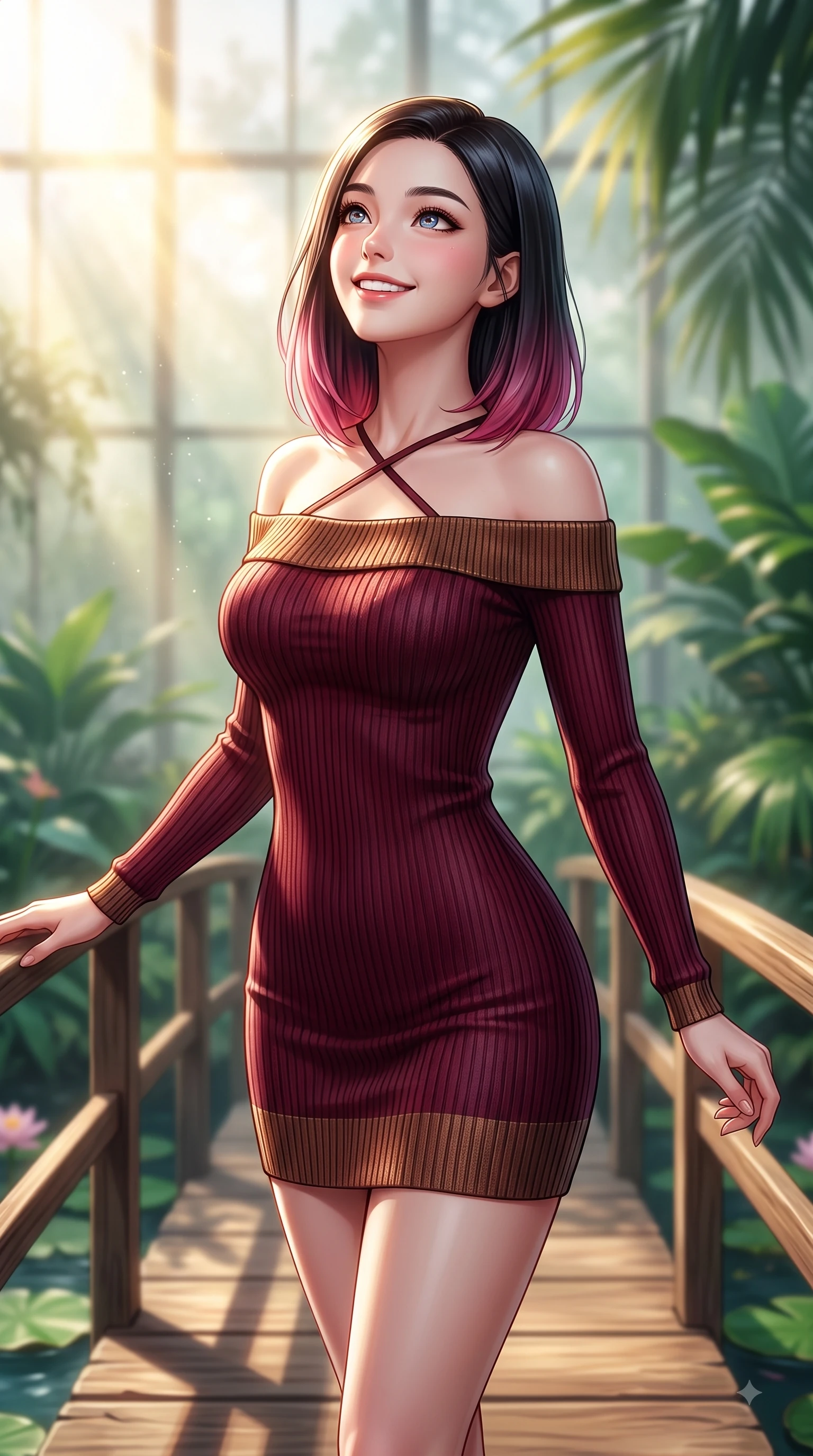 score_9, masterpiece, best quality, ultra-detailed, high-budget anime keyframe, editorial fashion photography, tasteful artistic composition, Korean woman. close-up cowboy shot from the waist and thighs up, the character dominates the composition, filling the frame with her large presence. Tilting her chin up with a sweet beaming smile of pure delight while balancing dynamically amidst the scene while pivoting gracefully on a wooden bridge over a lotus pond catching morning sunbeams. The composition keeps background elements in soft focus with dreamy bokeh. tropical plant foliage and misty glass panes blurred into a dreamy emerald background bokeh. She has an exceptionally elegant, slender, and willowy female figure with an ultra-slim waist, a gracefully sculpted slender torso, and a refined silhouette. sharp v-shaped jawline, high-bridge nose, intricate jewel-like eyes with depth, thick eyelashes, glossy lips with a natural sheen, flawlessly proportioned anatomical accuracy, natural body alignment, perfectly sculpted elegant limbs, clean dynamic posture without body distortion. wearing a sleek off-shoulder ribbed knit dress accentuating her graceful collarbones and slender waist in deep burgundy red and bronze accent, knitted from soft cozy cashmere yarn, finished with delicate criss-cross back straps highlighting her bare shoulders, the sleek second-skin texture accentuating her magnetic presence. bathed in brilliant golden sunlight filtering through conservatory glass panes. highly saturated vibrant anime colors, detailed shading with soft gradients, rich glossy textures, high-contrast stereoscopic depth, volumetric dynamic lighting, master piece, 9:16 ratio
