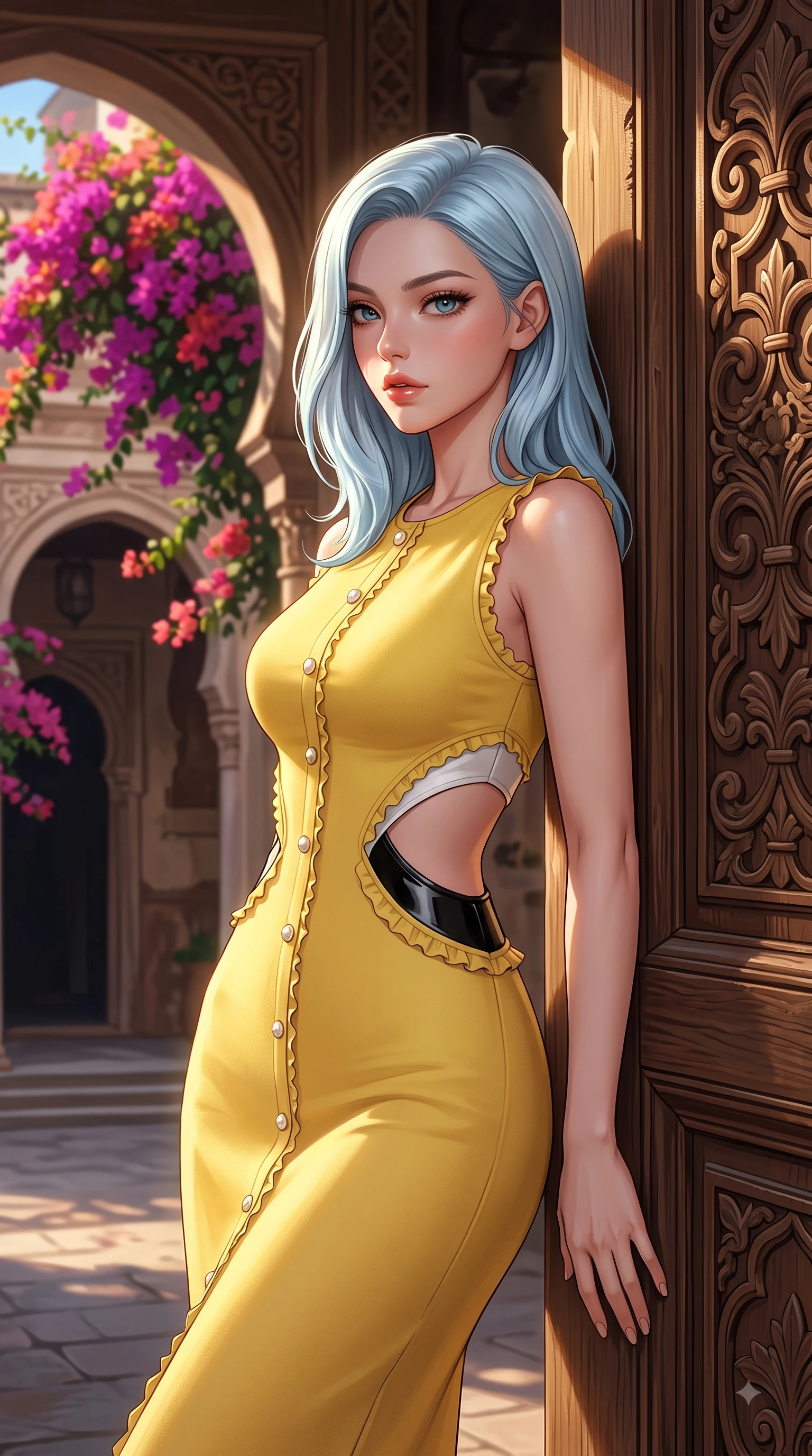 score_9, masterpiece, best quality, ultra-detailed, high-budget anime keyframe, editorial fashion photography, tasteful artistic composition, Korean woman. close-up cowboy shot from the waist and thighs up, the character dominates the composition, filling the frame with her large presence. Seductively magnetic look casting a fiery side-gaze with full glossy lips and smoldering glamour while resting gracefully against an antique carved wooden doorway as golden hour light illuminates her face. The surrounding environment is rendered in vivid detail and crisp panoramic clarity. vibrant bougainvillea blossoms, historic archways, and detailed architectural shadows in panoramic clarity. She has an exceptionally elegant, slender, and willowy female figure with an ultra-slim waist, a gracefully sculpted slender torso, and a refined silhouette. sharp v-shaped jawline, high-bridge nose, intricate jewel-like eyes with depth, thick eyelashes, glossy lips with a natural sheen, flawlessly proportioned anatomical accuracy, natural body alignment, perfectly sculpted elegant limbs, clean dynamic posture without body distortion. wearing a sleek daffodil yellow sleeveless knit midi dress with subtle side cutouts in monochrome white and glossy black contrast, tailored from structured wool crepe with clean lines, accented with delicate pearl buttons and refined ruffle trims, the form-contouring material accentuating her ultra-slim waist and long lines. surrounded by a sophisticated, cinematic, and timeless European editorial aura. highly saturated vibrant anime colors, detailed shading with soft gradients, rich glossy textures, high-contrast stereoscopic depth, volumetric dynamic lighting, master piece, 9:16 ratio