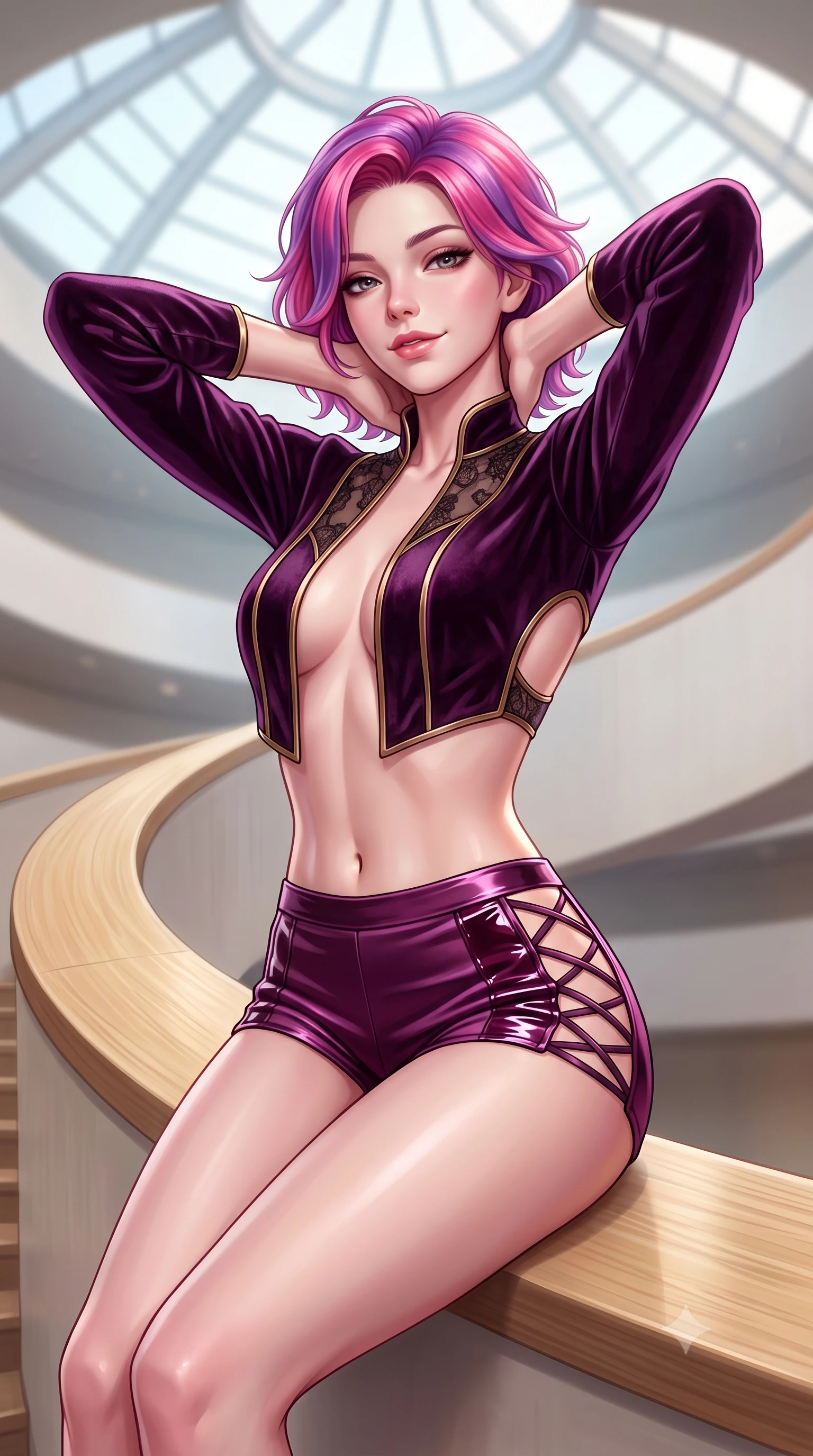 score_9, masterpiece, best quality, ultra-detailed, high-budget anime keyframe, semi-realistic 3D game render, editorial fashion photography, tasteful artistic composition, Caucasian woman. close-up cowboy shot from the waist and thighs up, the character dominates the composition, filling the frame with her large presence. resting both hands lightly behind her neck with elbows raised, arching her spine to highlight her narrow waist, flat midriff, and breathtaking collarbones while sitting perched on the curving ramp ledge with legs extended, displaying her impossibly long slender limbs with supermodel cool. The background shows a soft-focus soaring skylight dome softened in iconic architectural shallow focus. She has an exceptionally elegant, slender, and willowy female figure with an ultra-slim waist, flat toned midriff, narrow ribcage, and sculpted feminine hips creating an alluring, slim hourglass silhouette without bulk. sharp v-shaped jawline, high-bridge nose, sparkling eyes with hypnotic seductive depth, thick curled eyelashes, glossy parted lips with a natural dewy peach sheen, alluring bedroom-eyes with an enchanting coquettish smile, exuding magnetic siren charisma and sophisticated glamour, flawlessly proportioned anatomical accuracy, strict slender model proportions, natural body alignment, perfectly sculpted long slender limbs, ultra-slim waistline, clean dynamic posture without body distortion. wearing a modern two-piece vampire siren set featuring an open-front velvet bolero and curve-hugging satin hot-pants in dark plum violet and gilded bronze with sheer obsidian overlays, crafted from wet-look high-gloss vinyl fabric with dazzling specular surface reflections, finished with fine criss-cross lace-up side ties revealing tantalizing glimpses of her hip curve, the precision-cut side openings and low-back scoop framing her graceful spine and the sensual sweep of her slim, toned hips. bathed in diffused omnidirectional gallery daylight cascading down the central rotunda void. highly saturated vibrant anime colors, detailed shading with soft gradients, rich glossy textures, high-contrast stereoscopic depth, volumetric dynamic lighting, master piece, 9:16 ratio