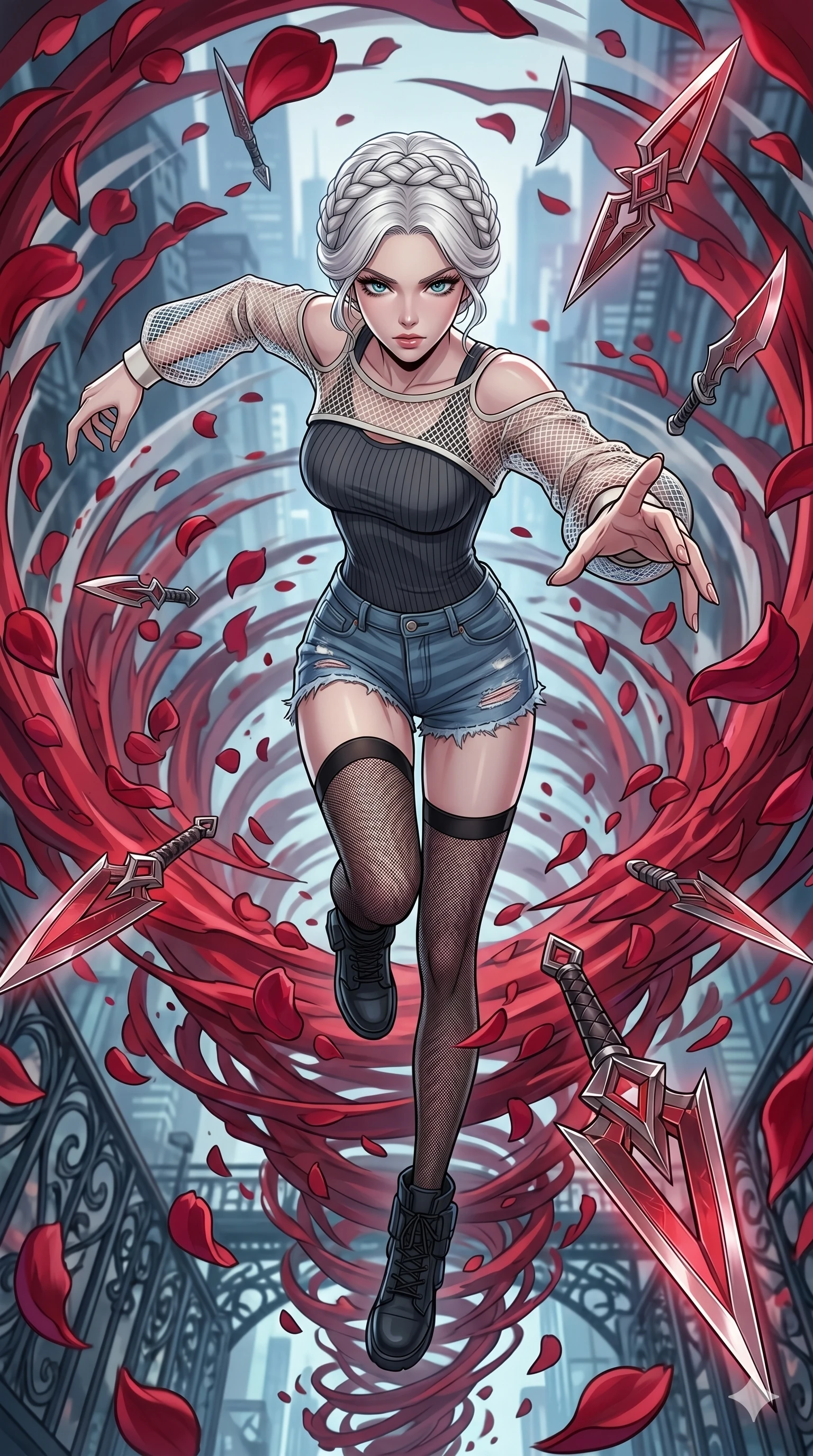 score_9, masterpiece, best quality, ultra-detailed, high-budget anime movie keyframe, cinematic anime lighting, intricate line art, Caucasian (strictly human ears) woman. Extreme high angle shot as she leaps towards the camera, filling the frame. spinning in a whirlwind of rose petals that turn into blades. She has an absolutely perfect 8-heads proportion, an exceptionally tall and slender female figure with an ultra-slim waist and impossibly long slender legs. strictly human anatomy, two legs only, no extra limbs, clearly defined legs and arms, perfect anatomy, perfect hands and fingers. sharp v-shaped jawline, high-bridge nose, intricate jewel-like eyes, thick eyelashes, glossy lips. Wearing Urban Trendsetter: Ribbed bodycon dress, crop top with high-waist denim, and sheer corset with cargo pants. The scene is illuminated by dramatic atmospheric lighting and vibrant color palettes. , 2k, ultra detail, master piece, 9:16 ratio