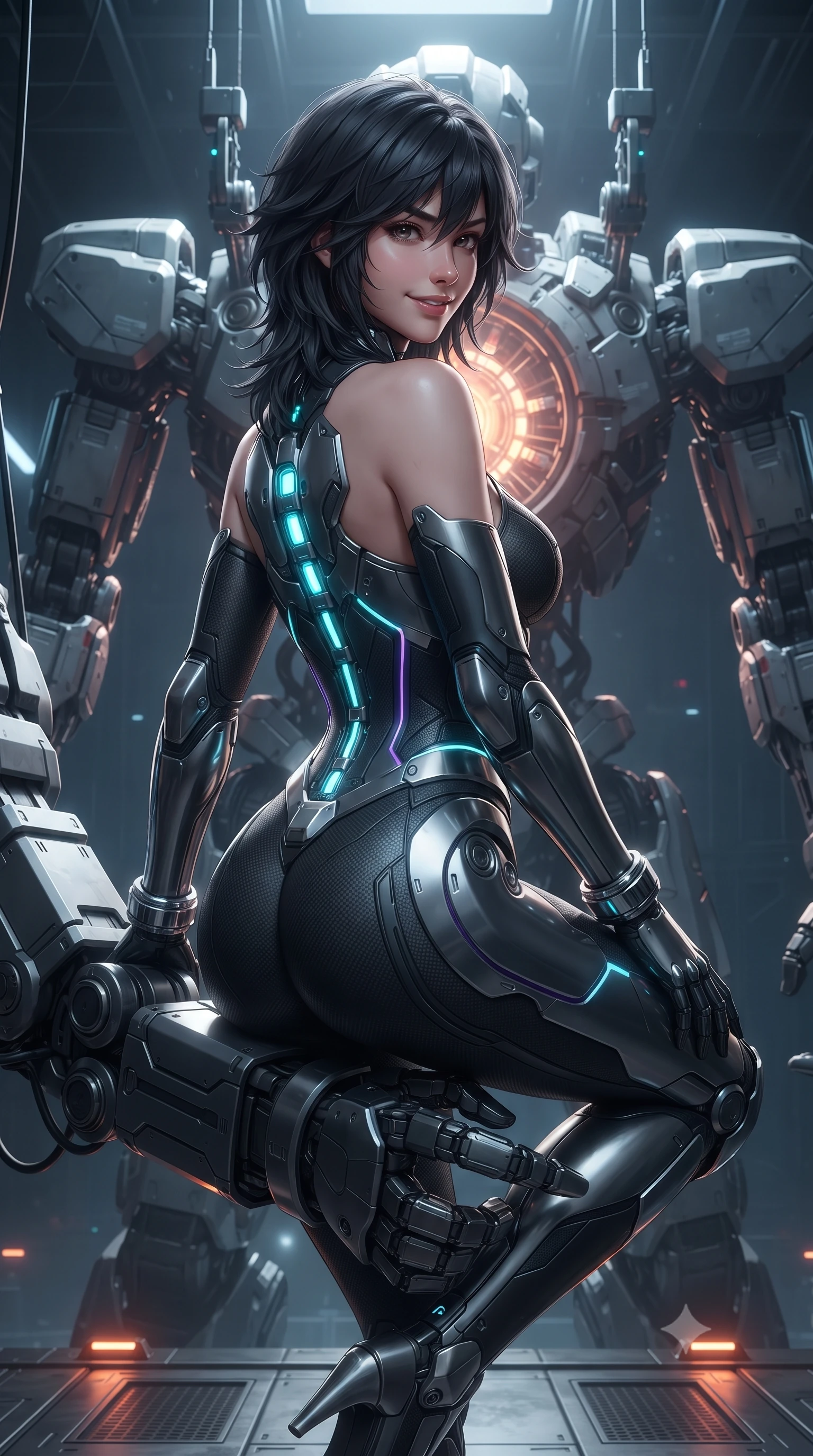 score_9, masterpiece, best quality, ultra-detailed, high-budget anime keyframe, editorial fashion photography, tasteful artistic composition, Caucasian woman. close-up cowboy shot from the waist and thighs up, the character dominates the composition, filling the frame with her large presence. posing in an alluring rear three-quarter angle, turning over a bare shoulder with an intoxicating gaze, her hips cocked back to highlight her slim hourglass curve against the glowing reactor while perching on the arm of a colossal suspended humanoid mech frame, arching her lower back with a playful, confident smile and bedroom-eyes. The surrounding environment is rendered in vivid detail and crisp panoramic clarity: detailed mechanic suit texture, metallic sheen on armor cuffs, and monumental mecha architecture in high resolution. She has an exceptionally elegant, slender, and willowy female figure with an ultra-slim waist, flat toned midriff, narrow ribcage, and sculpted feminine hips creating an alluring, slim hourglass silhouette without bulk. sharp v-shaped jawline, high-bridge nose, intricate jewel-like sparkling eyes with depth, thick eyelashes, glossy parted lips with a natural sheen, bright confident smile with an enchanting and coquettish sensual glint, exuding both youthful magnetic charm and sovereign high-tech allure, flawlessly proportioned anatomical accuracy, strict slender model proportions, natural body alignment, perfectly sculpted long slender limbs, ultra-slim waistline, clean dynamic posture without body distortion. wearing a form-contouring exo-suit chassis with glowing cyan hydraulic spine braces worn over an ultra-slim bodysuit in dark emerald teal and ultraviolet glow lines, crafted from lightweight aerodynamic matte carbon-fiber weave with structural stiffness, accented with strategically placed chrome armor plate guards covering key curves, the form-fitting tactical tailoring adhering flawlessly to her sculpted flat midriff and slender torso, emphasizing her long leg lines and perfectly proportioned willowy build. illuminated by floor warning lights and sharp platinum rim lights carving her razor-sharp jawline, narrow waist, and curvy hips. ultra-reflective glossy finish, specular highlights, rich textural contrasts, high-contrast stereoscopic depth, volumetric dynamic lighting, 2k, ultra detail, master piece, 9:16 ratio