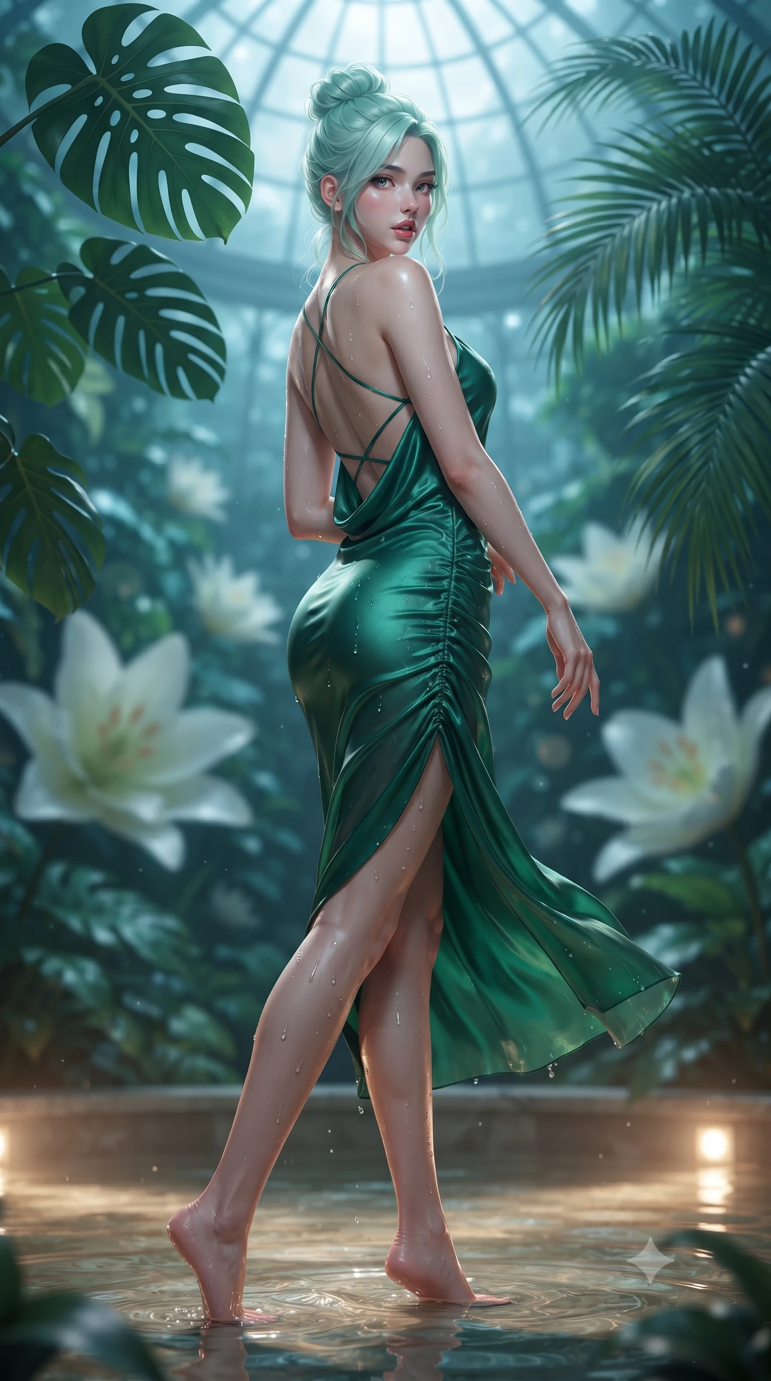 score_9, masterpiece, best quality, ultra-detailed, high-budget anime keyframe, editorial fashion photography, tasteful artistic composition, Japanese woman. low angle full-body shot from head to toe showing her feet, filling the entire 9:16 vertical frame with her statuesque presence, stretching her vertical silhouette. executing an elegant mid-motion pivot turn as garments swirl around her slender limbs, glancing over her shoulder with an intoxicating bedroom-gaze while wading lightly into the shallow warm botanical pool beneath towering monstera fronds, arching her spine in pure pleasure as water droplets bead on her hips. The composition keeps background elements in soft focus with creamy bokeh. towering exotic palm fronds and giant floating lily blossoms blurred into deep emerald, turquoise, and soft moonlight bokeh. She has an absolutely perfect, statuesque 8.5-heads proportion, an exceptionally tall and slender model-like female figure with impossibly long slender legs, a toned flat midriff, an ultra-slim waist, and beautifully sculpted feminine hips. sharp v-shaped jawline, high-bridge nose, intricate jewel-like eyes with depth, thick eyelashes, glossy parted lips with a natural sheen, intensely captivating and seductive bedroom-eyes expression, flawlessly proportioned anatomical accuracy, strict slender model proportions, natural body alignment, perfectly sculpted long slender limbs, ultra-slim waistline, clean dynamic posture without body distortion. wearing a wet-look emerald silk slip dress with an ultra-deep cowl back and hip-defining side ruching in radiant champagne and soft sunlight cream, crafted from weightless prism organza that refracts light with every motion, finished with criss-cross back straps highlighting her graceful bare spine, the liquid-tight tailored fabric clinging flawlessly to her narrow waist and rounded feminine hips, emphasizing every millimeter of her sculpted hourglass curves during movement. bathed in cool silver moonlight filtering through the glass dome and warm underwater pool uplights. ultra-reflective glossy finish, specular highlights, rich textural contrasts, high-contrast stereoscopic depth, volumetric dynamic lighting, 2k, ultra detail, master piece, 9:16 ratio