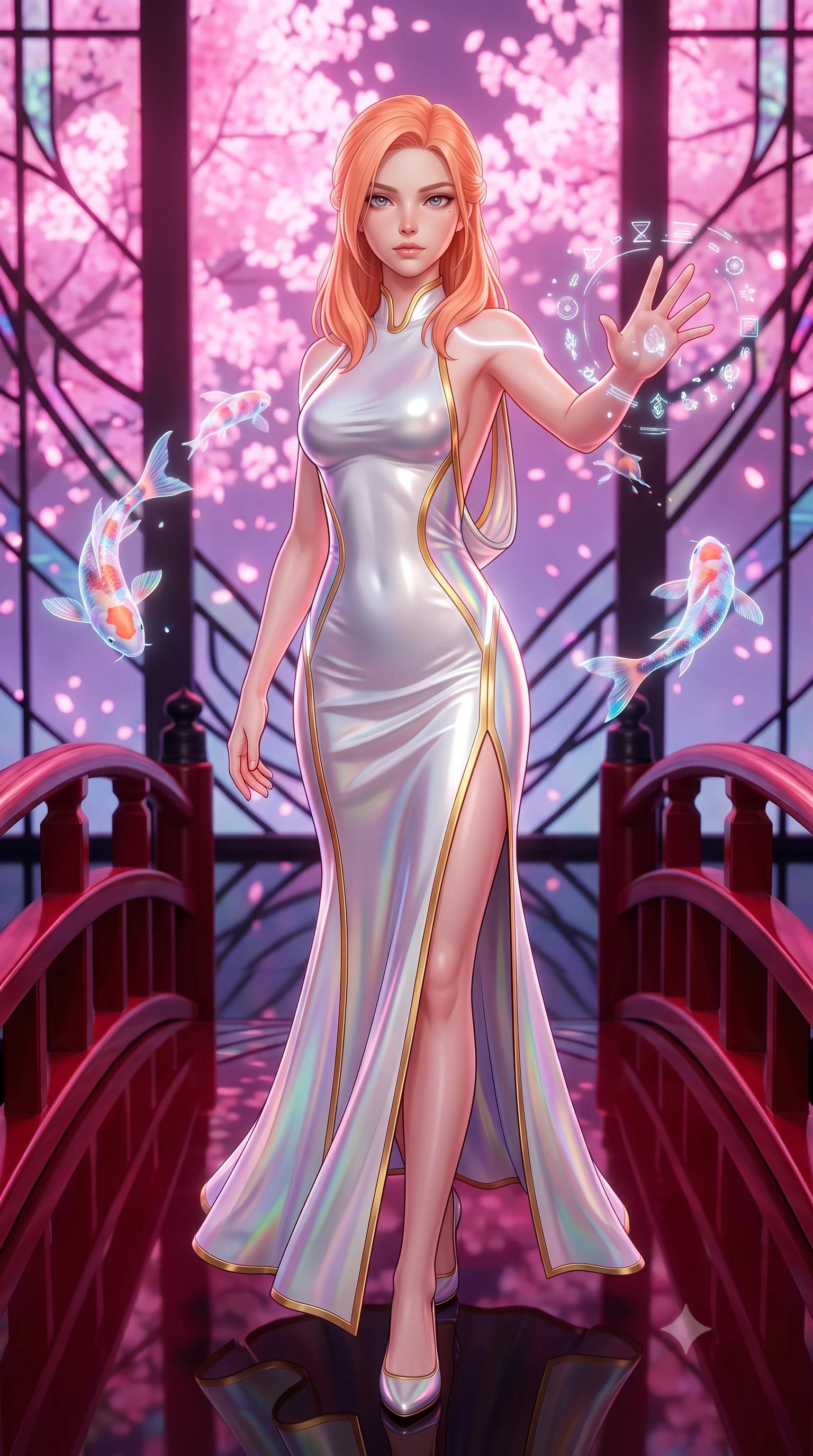 score_9, masterpiece, best quality, ultra-detailed, high-budget anime keyframe, semi-realistic 3D game render, editorial fashion photography, tasteful artistic composition, Japanese woman. close-up cowboy shot from the waist and thighs up, the character dominates the composition, filling the frame with her large presence. extending one arm gracefully as floating holographic glyphs and nano-crystals orbit her fingertips with sovereign power while stepping along a curved crimson glass bridge as holographic koi swim through the air around her slender silhouette. The surrounding environment is rendered in vivid detail and crisp panoramic clarity. razor-sharp cybernetic stained-glass lead lines, distinct digital sakura petal pixels, and black glass floor in deep focus. She has an exceptionally elegant, slender, and willowy female figure with an ultra-slim waist, a gracefully sculpted slender torso, toned flat midriff, and a refined slim silhouette. sharp v-shaped jawline, high-bridge nose, intricate jewel-like eyes with depth, thick eyelashes, glossy lips with a natural sheen, flawlessly proportioned anatomical accuracy, strict slender model proportions, natural body alignment, perfectly sculpted long slender limbs, ultra-slim waistline, clean dynamic posture without body distortion. wearing a precision-fitted liquid jersey bodycon gown in radiant chrome and white, featuring an open cowl back and high side slit in pristine liquid pearl white and radiant solar gold trim, made of smooth flowing silk chiffon that shifts colors with movement, accented with glowing fiber-optic seams tracing her collarbones and hip curves, the glove-like aerodynamic second-skin fit tightly clinging to her ultra-slender waist and athletic curves without adding bulk, accentuating her razor-sharp statuesque lines and slim hourglass silhouette. bathed in luminous magenta and rose-pink digital sakura backlighting with soft violet fill. rich saturated anime colors with glowing neon highlights, detailed shading with soft gradients, rich glossy textures, high-contrast stereoscopic depth, volumetric dynamic lighting, master piece, 9:16 ratio