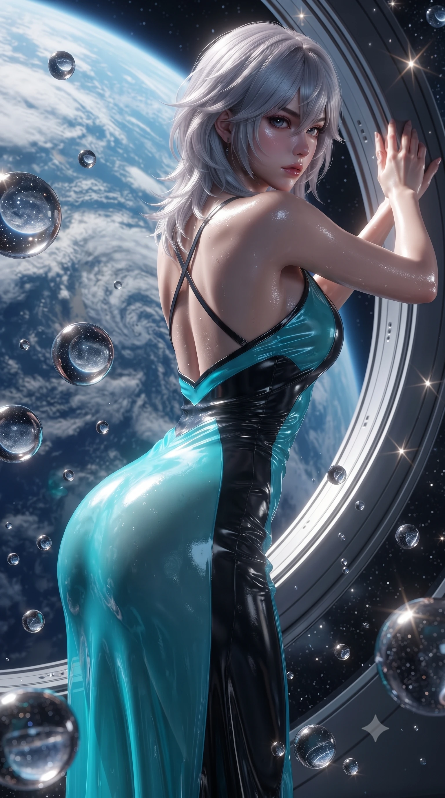 score_9, masterpiece, best quality, ultra-detailed, high-budget anime keyframe, editorial fashion photography, tasteful artistic composition, Japanese woman. close-up cowboy shot from the waist and thighs up, the character dominates the composition, filling the frame with her large presence. twisting her slender torso in a deep contrapposto stance, hips dramatically shifted to accentuate her feminine curves while looking past her shoulder with smoldering bedroom-eyes while leaning back against the curved titanium observation bulkhead with hips cocked, casting an alluring, sovereign bedroom-gaze past floating zero-G liquid mercury spheres. The surrounding environment is rendered in vivid detail and crisp panoramic clarity. detailed metallic gown texture, starlight glints on skin, and Earth continental cloud swirl clarity in high resolution. She has an exceptionally elegant, slender, and willowy female figure with an ultra-slim waist, flat toned midriff, narrow ribcage, and sculpted feminine hips creating an alluring, slim hourglass silhouette without bulk. sharp v-shaped jawline, high-bridge nose, intricate jewel-like eyes with depth, thick eyelashes, glossy parted lips with a natural sheen, intensely captivating and seductive bedroom-eyes expression, flawlessly proportioned anatomical accuracy, strict slender model proportions, natural body alignment, perfectly sculpted long slender limbs, ultra-slim waistline, clean dynamic posture without body distortion. wearing a delicate semi-translucent silk yukata that clings to her wet skin and curvy hip contours in neon electric cyan and lacquer black, formed from supple second-skin lambskin leather with specular sheen, finished with criss-cross back satin straps highlighting her graceful shoulder blades, the second-skin form-contouring cut accentuating her sculpted flat midriff, narrow delicate ribcage, and gracefully curvy hips with supermodel precision. illuminated by crisp directional cosmic starlight sharply defining her sculpted clavicle, ultra-slim waist, and curvy hips. ultra-reflective glossy finish, specular highlights, rich textural contrasts, high-contrast stereoscopic depth, volumetric dynamic lighting, 2k, ultra detail, master piece, 9:16 ratio