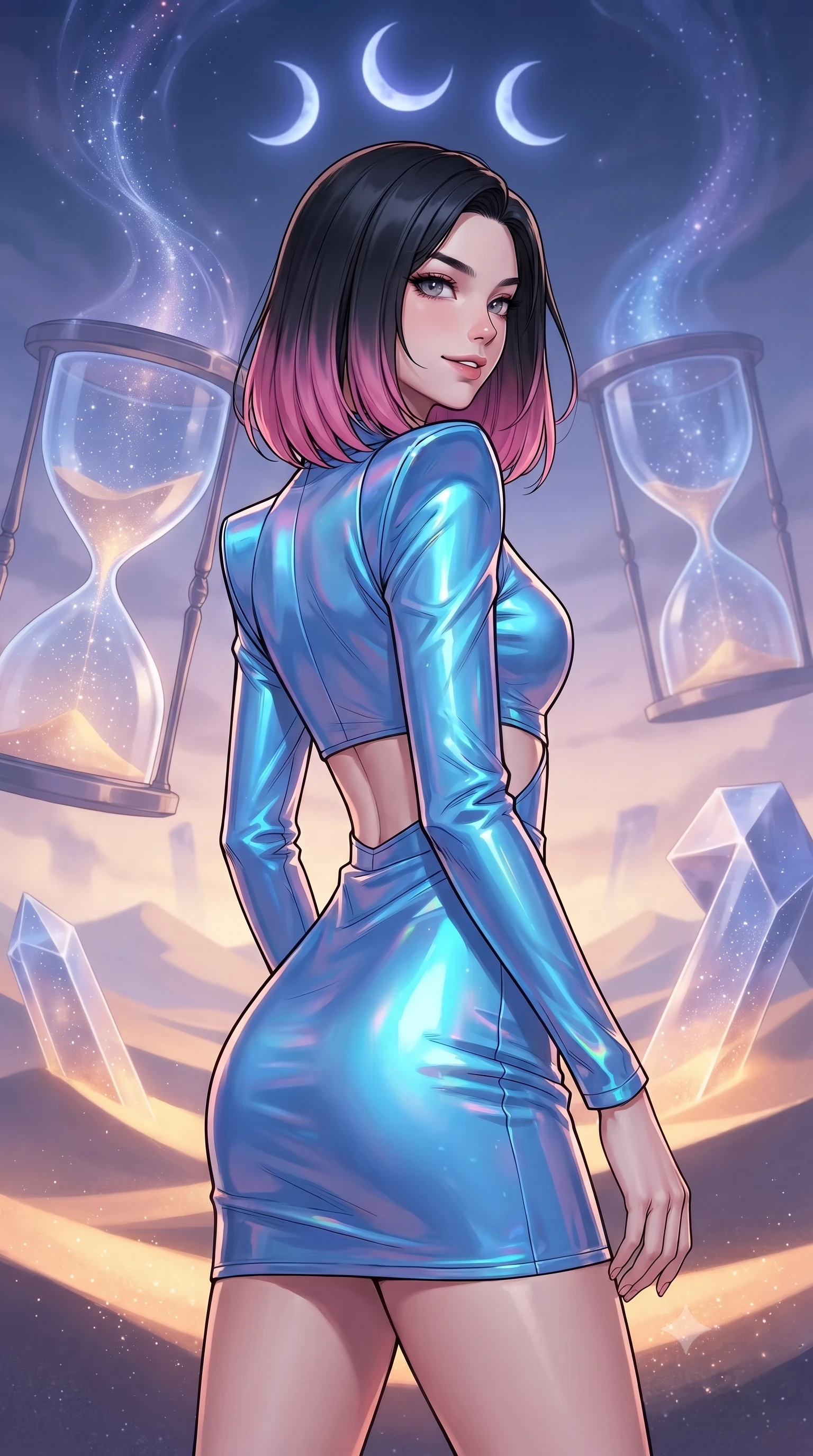 score_9, masterpiece, best quality, ultra-detailed, high-budget anime keyframe, gorgeous anime illustration, with clean line-art and distinct ink outlines, Korean woman. close-up cowboy shot from the waist and thighs up, the character dominates the composition, filling the frame with her large presence, background elements kept in soft focus. Glancing sidelong over her shoulder with a smoldering half-smile. set against a soft-focus background of in a valley dominated by giant floating hourglasses filled with glowing stardust that flows upwards into a sky with three crescent moons, crystal dunes shifting with gravity anomalies. She has an exceptionally elegant and slender, willowy female figure with an ultra-slim waist, a gracefully sculpted slender torso, and a refined slim physique. sharp v-shaped jawline, high-bridge nose, intricate jewel-like eyes with depth, thick eyelashes, glossy lips with a natural sheen. wearing a holographic mini dress in electric blue, featuring structured shoulder pads and an exposed midriff. dual-source illumination of warm amber from the rising star sand and cool indigo from the triple moons. 2k, ultra detail, master piece, 9:16 ratio, vibrant anime color palette, detailed cel-shading with soft gradients, rich contrast, dynamic lighting, 2d animation style
