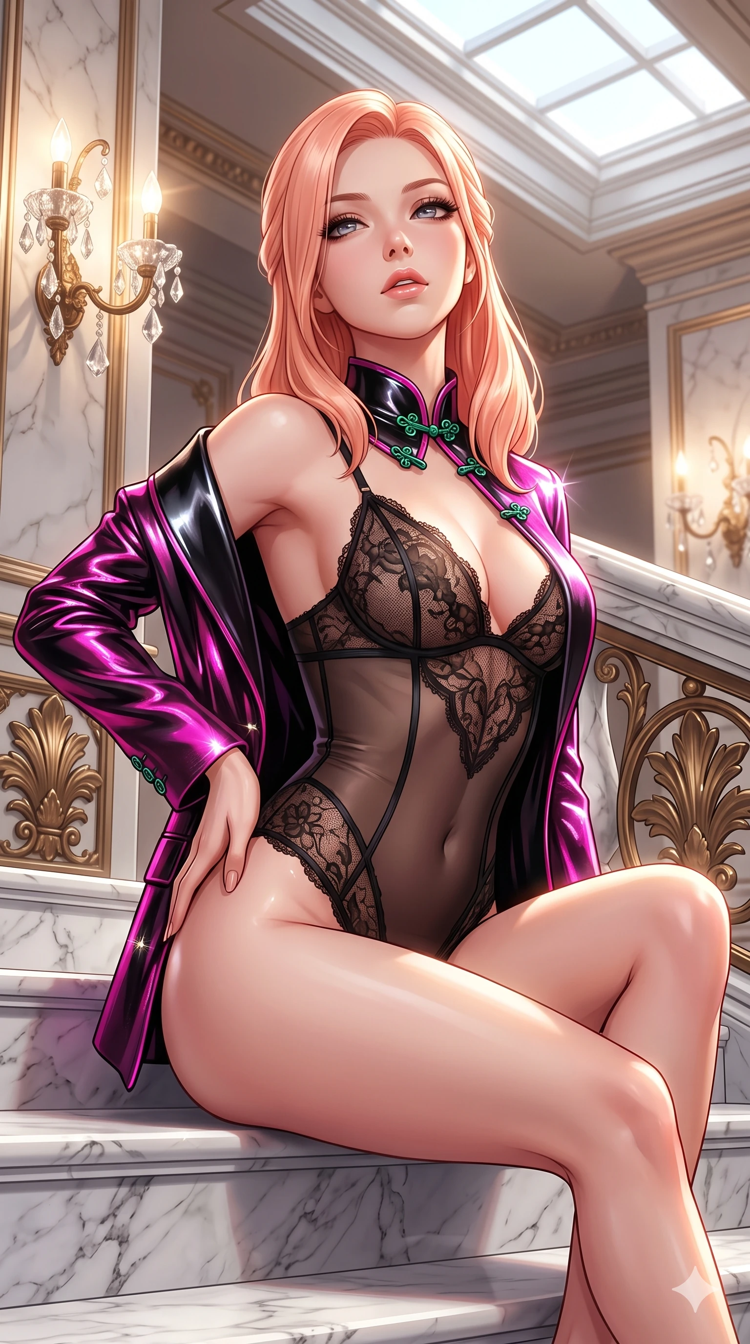 score_9, masterpiece, best quality, ultra-detailed, high-budget anime keyframe, semi-realistic 3D game render, editorial fashion photography, tasteful artistic composition, Japanese woman. close-up cowboy shot from the waist and thighs up, the character dominates the composition, filling the frame with her large presence. arching her spine backward with effortless dancer poise, one hand sliding along her hip line as directional light carves specular highlights along her silhouette while sitting poised on the polished Carrara marble steps with one knee bent, arching her spine with supermodel elegance as she glances upward through thick eyelashes. The surrounding environment is rendered in vivid detail and crisp panoramic clarity: sharp marble step vein textures, crisp cast-bronze acanthus leaf details, and crystal wall sconce facets in deep focus. She has an exceptionally elegant, slender, and willowy female figure with an ultra-slim waist, flat toned midriff, narrow ribcage, and sculpted feminine hips creating an alluring, slim hourglass silhouette without bulk. sharp v-shaped jawline, high-bridge nose, intricate jewel-like sparkling eyes with depth, thick eyelashes, glossy parted lips with a natural sheen, intensely captivating and seductive bedroom-eyes expression, exuding both youthful cute charm and sovereign luxury allure, flawlessly proportioned anatomical accuracy, strict slender model proportions, natural body alignment, perfectly sculpted long slender limbs, ultra-slim waistline, clean dynamic posture without body distortion. wearing a delicate sheer French Chantilly lace teddy layered under an open tailored metallic blazer draped over bare shoulders in black lacquer and vibrant magenta neon, woven from stretch metallic lurex jersey casting radiant starlight glints across her curves, finished with sleek jade frog closures glinting along her high collar, the liquid-tight tailored fabric clinging flawlessly to her narrow waist and rounded feminine hips, emphasizing every millimeter of her sculpted slim hourglass curves without any bulky heaviness. bathed in the warm luminous glow of crystal wall sconces and grand overhead skylights filtering soft diffuse daylight. highly saturated vibrant anime colors, detailed shading with soft gradients, rich glossy textures, high-contrast stereoscopic depth, volumetric dynamic lighting, master piece, 9:16 ratio
