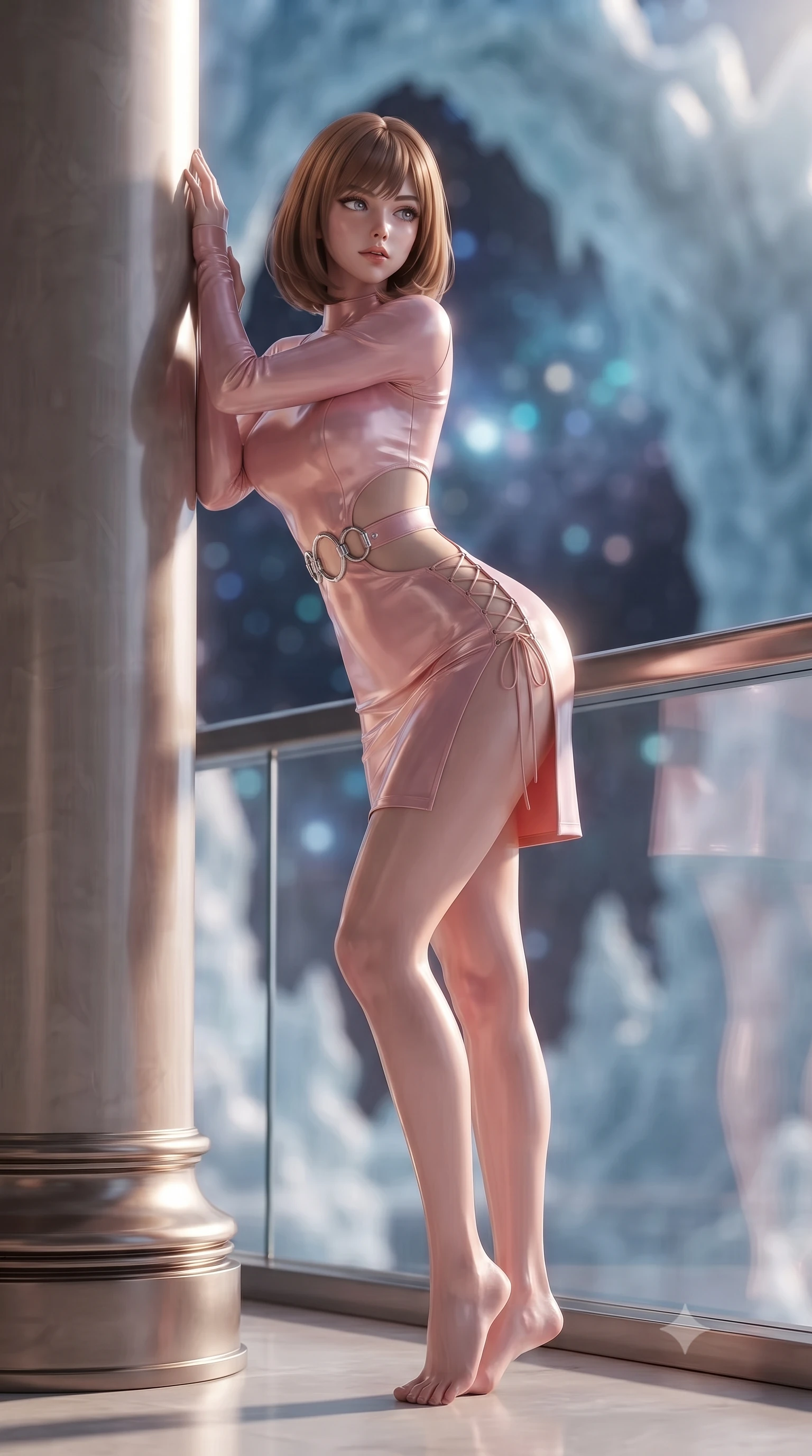 score_9, masterpiece, best quality, ultra-detailed, high-budget anime keyframe, editorial fashion photography, tasteful artistic composition, Caucasian woman. low angle full-body shot from head to toe showing her feet, filling the entire 9:16 vertical frame with her statuesque presence, stretching her vertical silhouette. standing tall beside the architectural column, one hand resting high while arching her lower back to emphasize her sculpted feminine hips and slender waist while leaning against the panoramic heated glass barrier with hips cocked back, watching frozen crystal plumes sparkle like diamond dust in sunlight with smoldering bedroom-eyes. The background shows a soft-focus colossal plumes of frozen ice crystals sparkling in distant sunlight, jagged glacial arches, and deep space star nebulae blurred into diamond, sapphire, and cyan bokeh. She has an exceptionally tall and slender model-like 8.5-heads proportion, an ultra-slim waist, a flat toned midriff, narrow delicate ribcage, and beautifully sculpted feminine hips creating a graceful, slim hourglass silhouette without any bulky heaviness, with impossibly long slender legs. sharp v-shaped jawline, high-bridge nose, intricate jewel-like sparkling eyes with depth, thick eyelashes, glossy parted lips with a natural peach sheen, bright cheerful beaming smile with an enchanting and coquettish sensual glint, exuding both youthful cute charm and seductive allure, flawlessly proportioned anatomical accuracy, strict slender model proportions, natural body alignment, perfectly sculpted long slender limbs, ultra-slim waistline, clean dynamic posture without body distortion. wearing a provocative open-waist combat cutout mini dress framed by polished chrome ring hardware and thigh-high slit in Solaris liquid rose-quartz and alien peach, adorned with delicate chrome ring hardware and cutouts along her slender waist, featuring fine criss-cross lace-up side ties revealing tantalizing glimpses of her hip curve, the glove-like clinging cut tightly following the natural contour of her hips and long slender legs with youthful 8.5-heads elegance. bathed in crisp diamond sunlight reflecting off millions of frozen water-ice crystals combined with warm 2600K deck lanterns. ultra-reflective glossy finish, specular highlights, rich textural contrasts, high-contrast stereoscopic depth, volumetric dynamic lighting, 2k, ultra detail, master piece, 9:16 ratio
