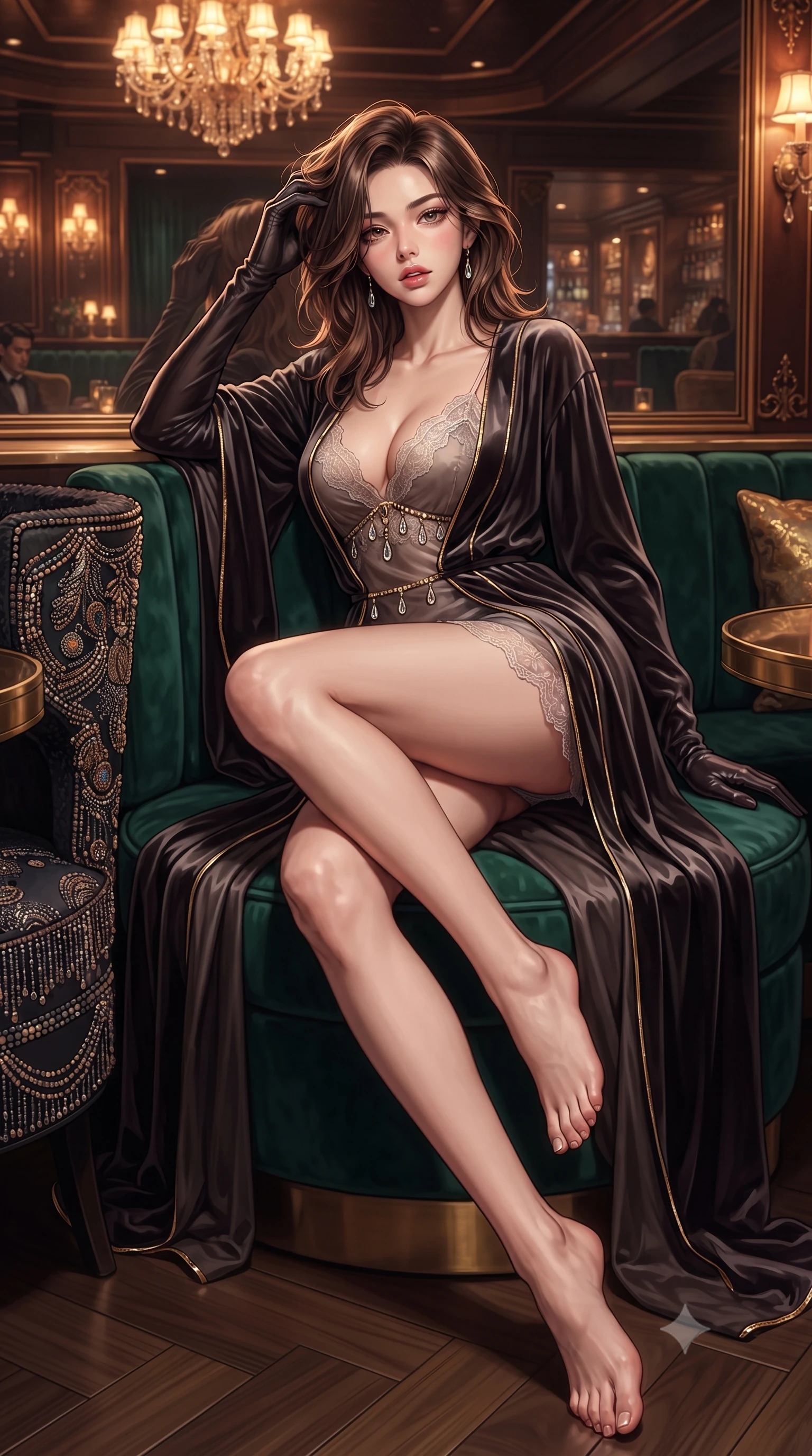 score_9, masterpiece, best quality, ultra-detailed, high-budget anime keyframe, editorial fashion photography, tasteful artistic composition, Korean woman. low angle full-body shot from head to toe showing her feet, filling the entire 9:16 vertical frame with her statuesque presence, stretching her vertical silhouette. reclining on her side in an elegant Cleopatra pose with one knee drawn up, the dramatic contour of her rounded hips and long slender legs commanding the 9:16 vertical frame while lounging languidly in a circular VIP booth of emerald velvet, running fingers through her glossy hair as jazz music drifts. The surrounding environment is rendered in vivid detail and crisp panoramic clarity. detailed fringe tassel movement, beaded dress embroidery, and mirror reflection clarity in high resolution. She has an absolutely perfect, statuesque 8.5-heads proportion, an exceptionally tall and slender model-like female figure with impossibly long slender legs, a toned flat midriff, an ultra-slim waist, and beautifully sculpted feminine hips. sharp v-shaped jawline, high-bridge nose, intricate jewel-like eyes with depth, thick eyelashes, glossy parted lips with a natural sheen, intensely captivating and seductive bedroom-eyes expression, flawlessly proportioned anatomical accuracy, strict slender model proportions, natural body alignment, perfectly sculpted long slender limbs, ultra-slim waistline, clean dynamic posture without body distortion. wearing a delicate lace-trimmed slip dress layered with a sweeping silk velvet robe in dark smoky quartz and liquid gold trim, crafted from heavyweight crushed silk velvet with liquid vintage luster, accented with delicate crystal teardrop pendants outlining the plunging neckline, the glove-like aerodynamic silhouette tightly following the natural contour of her hips and long slender legs with statuesque precision. bathed in warm incandescent chandelier warmth and vintage amber neon glow. ultra-reflective glossy finish, specular highlights, rich textural contrasts, high-contrast stereoscopic depth, volumetric dynamic lighting, 2k, ultra detail, master piece, 9:16 ratio