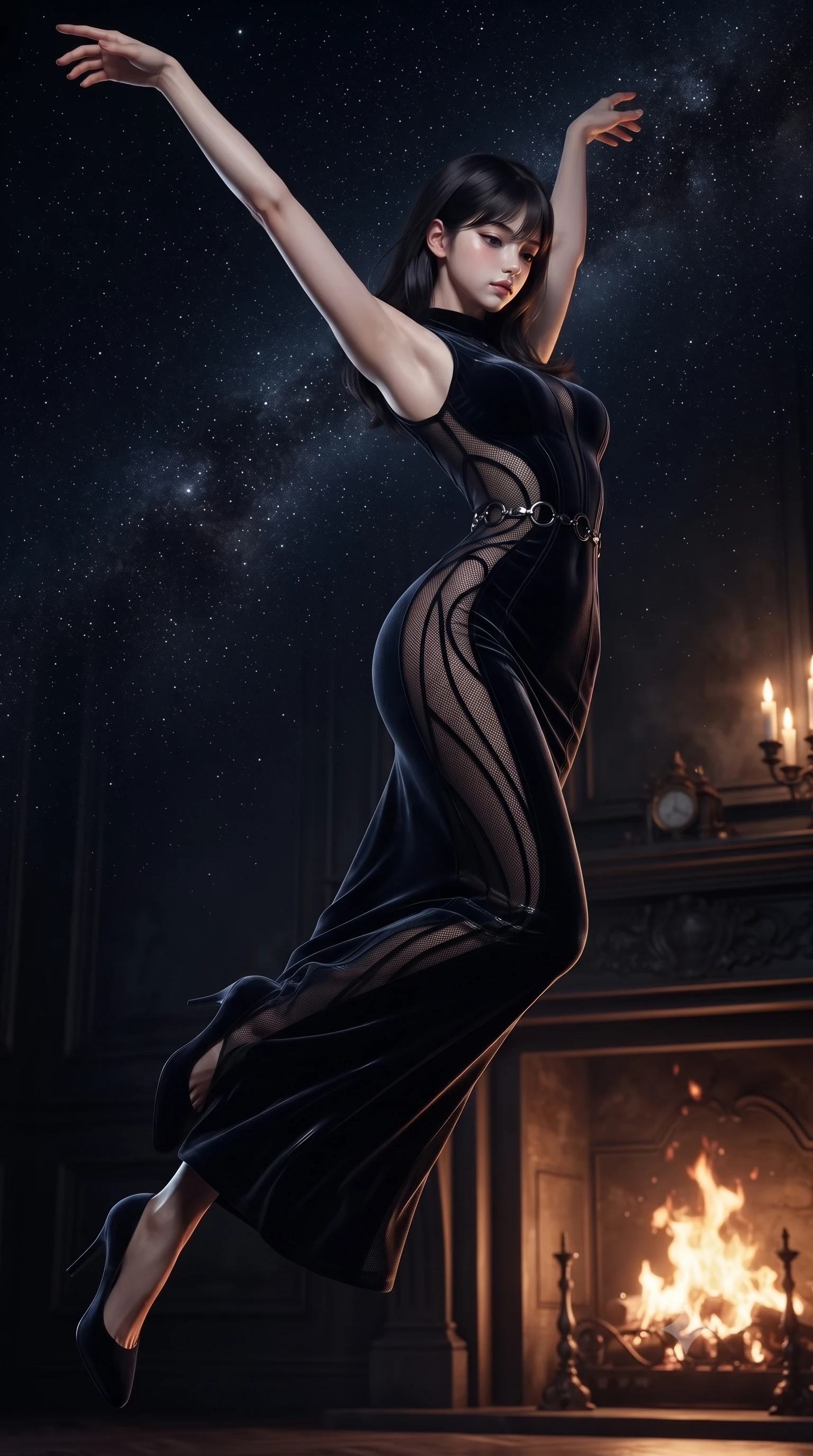 score_9, masterpiece, best quality, ultra-detailed, high-budget anime keyframe, editorial fashion photography, tasteful artistic composition, Korean woman. low angle full-body shot from head to toe showing her feet, filling the entire 9:16 vertical frame with her statuesque presence, stretching her vertical silhouette. leaping dynamically through the starry space, her posture full of power and elegance, looking into the crackling firelight with a composed, thoughtful expression, cozy yet intensely sensual gothic atmosphere. She has an absolutely perfect, statuesque 8.5-heads proportion, an exceptionally tall and slender model-like female figure with impossibly long slender legs and an ultra-slim waist. sharp v-shaped jawline, high-bridge nose, intricate jewel-like eyes with depth, thick eyelashes, glossy lips with a natural sheen. wearing sculpted form-fitting dark velvet column gown in pitch black in pitch-black onyx, made of fine dark contouring mesh, trimmed with dark chrome ring hardware along the waist contours, accentuating her gracefully sculpted slender torso. lit by low-key flickering candle rays contrasting with room darkness. ultra-reflective glossy finish, specular highlights, metallic sheen, high-contrast stereoscopic depth, volumetric dynamic lighting, 2k, ultra detail, master piece, 9:16 ratio