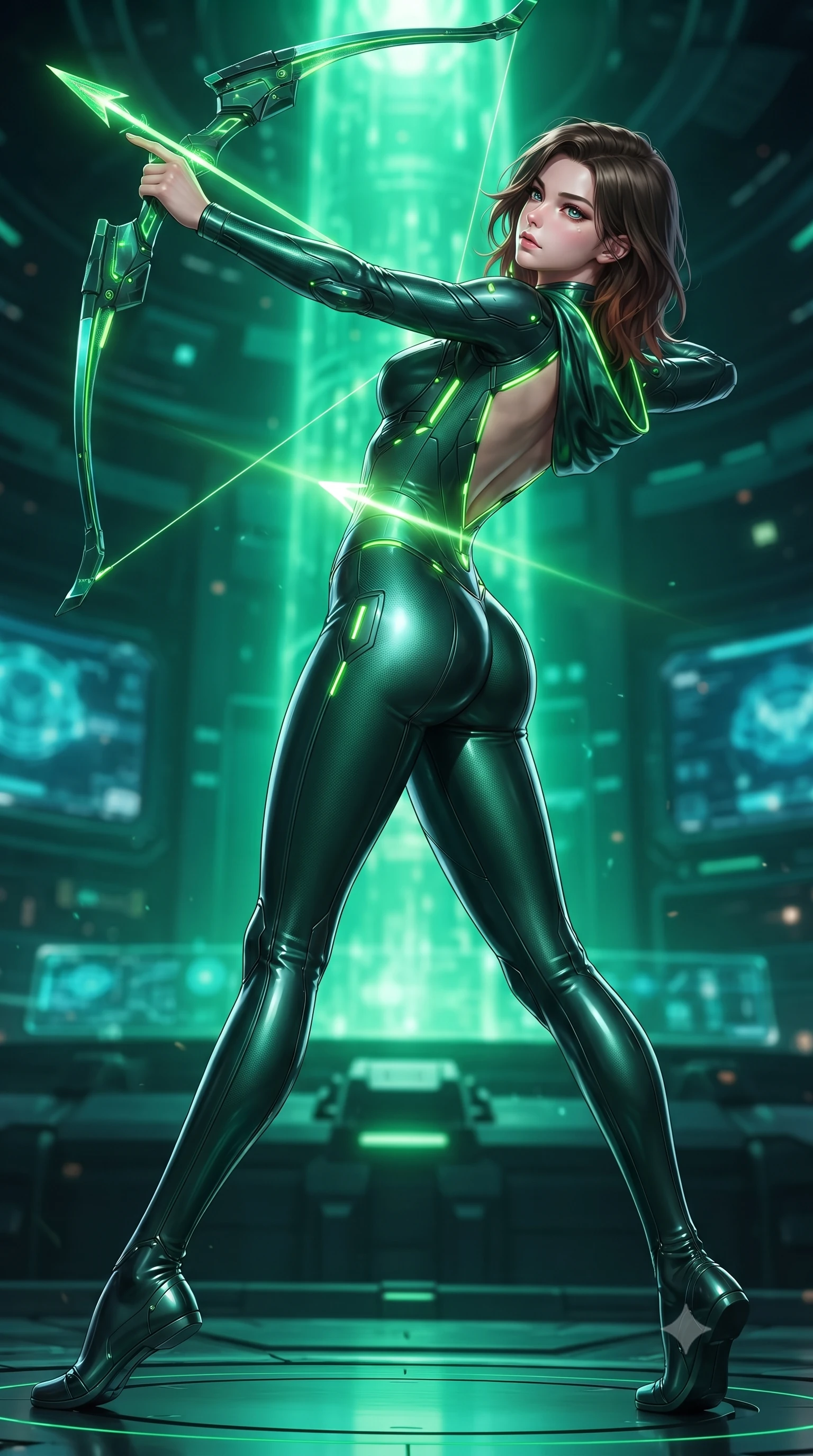 score_9, masterpiece, best quality, ultra-detailed, high-budget anime keyframe, editorial fashion photography, tasteful artistic composition, Korean woman. low angle full-body shot from head to toe showing her feet, filling the entire 9:16 vertical frame with her statuesque presence, stretching her vertical silhouette. arching her spine in a fluid zero-gravity combat turn with sovereign grace, her long slender legs and sculpted torso creating a sweeping line of power while pivoting dynamically as a pure photon arrow forms in her fingers, casting radiant green light across her sculpted flat midriff. The surrounding environment is rendered in vivid detail and crisp panoramic clarity. razor-sharp holographic bow limb geometries, glowing photon arrow string filaments, and reactor core facets in deep focus. She has an absolutely perfect, statuesque 8.5-heads proportion, an exceptionally tall and slender model-like female figure with impossibly long slender legs, a toned flat midriff, and an ultra-slim waist. sharp v-shaped jawline, high-bridge nose, intricate jewel-like eyes with depth, thick eyelashes, glossy lips with a natural sheen, flawlessly proportioned anatomical accuracy, strict slender model proportions, natural body alignment, perfectly sculpted long slender limbs, ultra-slim waistline, clean dynamic posture without body distortion. wearing a tailored emerald-green carbon-fiber tactical jumpsuit with glowing lime LED channels and an open cowl back, drawing a floating holographic photon energy bow with supreme grace in emerald green carbon composite with glowing lime laser channels, tailored from flexible second-skin carbon-mesh that clings flawlessly to her athletic curves, featuring a sleek aerodynamic collar framed by subtle glowing cybernetic status LEDs, the liquid-tight tailored fabric emphasizing every curve of her tall, slender model proportions and sculptured silhouette during dynamic movement. bathed in intense radiant emerald crystal core backlighting and glowing photon bow illumination. ultra-reflective glossy finish, specular highlights, dark metallic sheen, high-contrast stereoscopic depth, volumetric dynamic lighting, 2k, ultra detail, master piece, 9:16 ratio