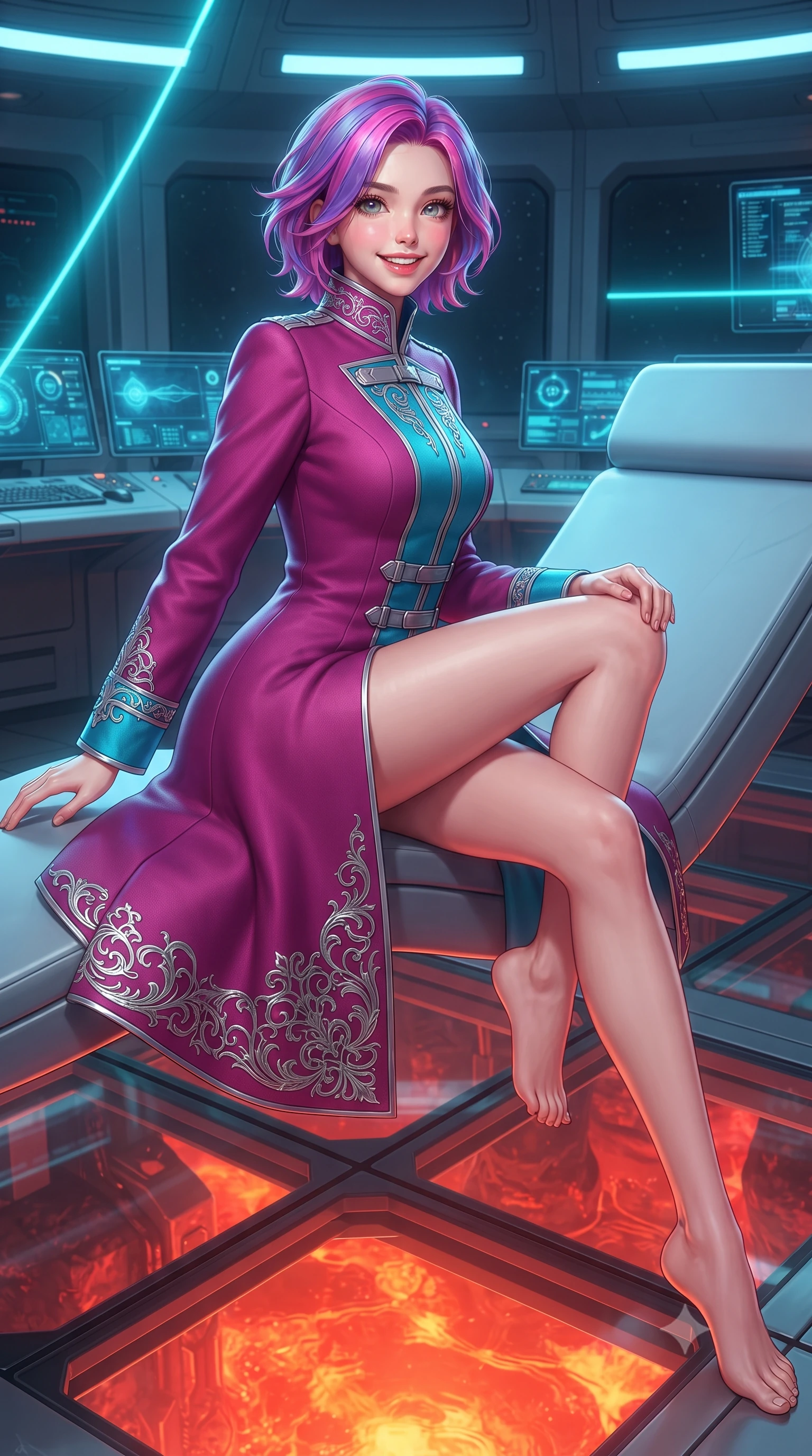 score_9, masterpiece, best quality, ultra-detailed, high-budget anime keyframe, editorial fashion photography, tasteful artistic composition, Caucasian woman. close-up cowboy shot from the waist and thighs up, the character dominates the composition, filling the frame with her large presence. perched sideways on the lounge seat, one knee drawn up to showcase her slender leg line while her arched back accentuates her feminine hip curve while sitting gracefully on the floating antigravity operator chair with legs crossed, her statuesque 8.5-heads silhouette commanding the geothermal abyss. The surrounding environment is rendered in vivid detail and crisp panoramic clarity: sharp seamless transparent armor-glass floor panels, superconducting laser emitter coils, and digital telemetry monitors in deep focus. She has an exceptionally elegant, slender, and willowy female figure with an ultra-slim waist, flat toned midriff, narrow ribcage, and sculpted feminine hips creating an alluring, slim hourglass silhouette without bulk. sharp v-shaped jawline, high-bridge nose, intricate jewel-like sparkling eyes with depth, thick eyelashes, glossy parted lips with a natural peach sheen, bright cheerful beaming smile with an enchanting and coquettish sensual glint, exuding both youthful cute charm and seductive allure, flawlessly proportioned anatomical accuracy, strict slender model proportions, natural body alignment, perfectly sculpted long slender limbs, ultra-slim waistline, clean dynamic posture without body distortion. wearing an aristocratic deep-space admiral longcoat with silver filigree embroidery along the hem and high structured collar in Shinjuku acid-rain magenta and cyan neon, crafted from bespoke double-faced cashmere with an exceptionally soft tactile finish, finished with sleek magnetic buckle closures fluttering in the breeze, the bespoke structured tailoring following the natural line of her 8.5-heads silhouette with refined elegance. bathed in the dual illumination of searing 2200K subterranean magma radiance and cold 480nm cyan magnetic containment lasers. ultra-reflective glossy finish, specular highlights, rich textural contrasts, high-contrast stereoscopic depth, volumetric dynamic lighting, 2k, ultra detail, master piece, 9:16 ratio