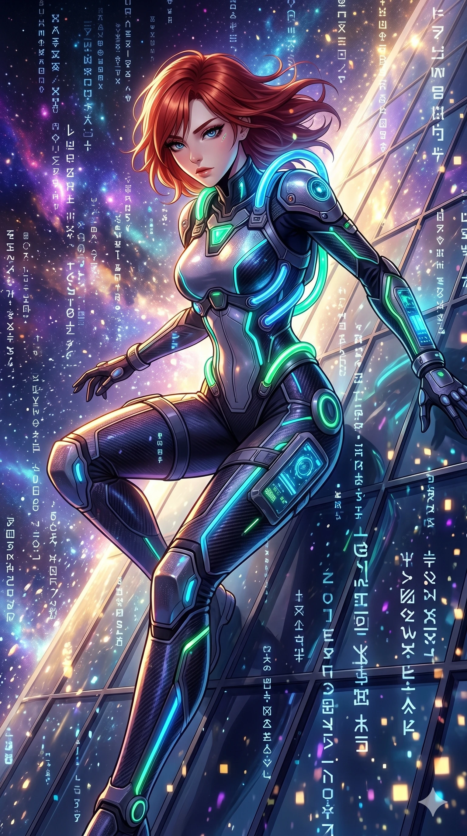 score_9, masterpiece, best quality, ultra-detailed, Set A: High-budget Anime Keyframe, Korean woman. Upper body close-up from the thighs up, character filling the screen for maximum presence. Theme: Abstract Cosmic. sliding down a glass skyscraper in a temple made of solid light, as a digital rain of 247 symbols washes over her. The atmosphere is filled with a blizzard of digital pixels. She has an absolutely perfect 8-heads proportion, an exceptionally tall and slender female figure with impossibly long slender legs and an ultra-slim waist. Sharp v-shaped jawline, high-bridge nose, intricate jewel-like eyes with depth, glossy lips. Wearing Interstellar pilot suit with glowing oxygen-tubes and a sleek carbon-fiber frame. Cinematic lighting, vivid colors, dramatic shadows, 2k, ultra detail, master piece, 9:16 ratio