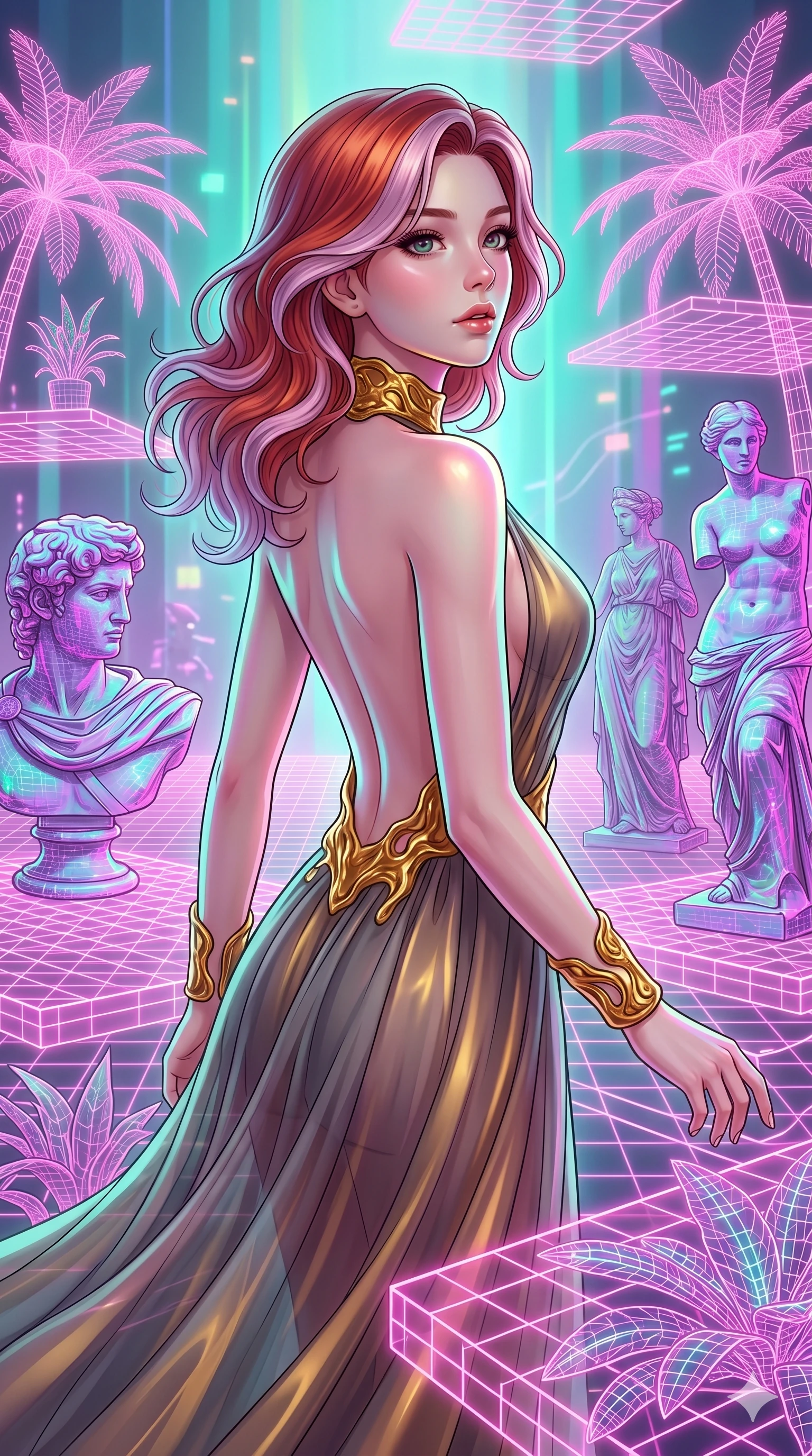 score_9, masterpiece, best quality, ultra-detailed, high-budget anime keyframe, Caucasian woman, strictly human ears. upper body close-up from the thighs up, character filling the screen for maximum presence. drifting through a holographic vaporwave oasis with floating grid floors, lo-fi marble statues, and glowing pink palms. She has an absolutely perfect 8-heads proportion, an exceptionally tall and slender female figure with impossibly long slender legs and an ultra-slim waist. V-shaped jawline, high-bridge nose, intricate jewel-like eyes with depth, thick eyelashes, glossy lips with a natural sheen.. wearing a molten gold and chiffon gown, featuring organic liquid gold collar and cuffs on a translucent charcoal-gray halter neck chiffon gown with a deep backless design. enhanced by a luminous pastel spectrum glow, casting elegant rim lights on her shoulders and jawline. 2k, ultra detail, master piece, 9:16 ratio