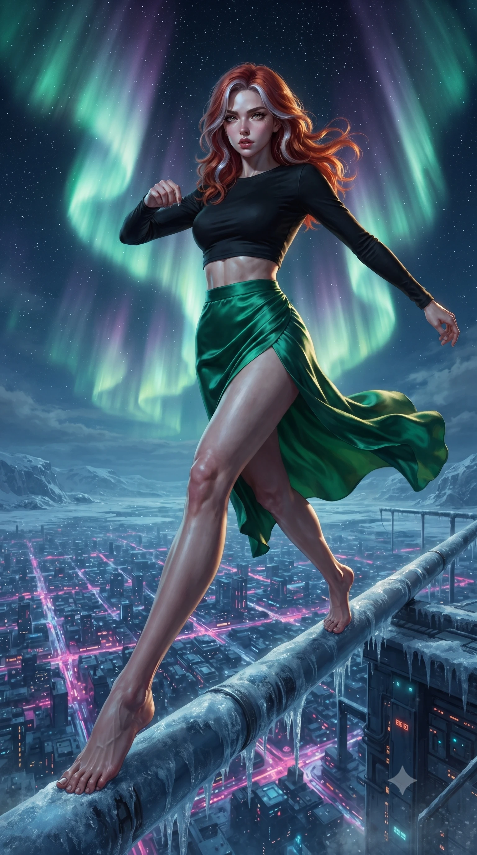 score_9, masterpiece, best quality, ultra-detailed, high-budget anime keyframe, editorial fashion photography, tasteful artistic composition, realistic cosplay photography, Caucasian woman, strictly human ears. low angle full-body shot from head to toe showing her feet, filling the entire 9:16 vertical frame with her statuesque presence, stretching her vertical silhouette. dashing forward aggressively along a narrow pipe high above the neon city grid through a vast frozen plain on an ice moon, a colossal green and purple aurora curtain dancing across the star-filled sky. She has a statuesque 8.5-heads proportion, an exceptionally tall, slender and willowy model-like build with impossibly long legs and a highly sculpted ultra-slim waist. sharp v-shaped jawline, high-bridge nose, intricate jewel-like eyes with depth, thick eyelashes, glossy lips with a natural sheen. wearing the lightweight fabric rippling and billowing dramatically with her movement, a form-contouring black long-sleeve crop top paired with a high-waisted silk midi skirt in emerald green with a thigh-high side slit. dramatic chiaroscuro with a single golden key light sculpting her silhouette. ultra-reflective glossy finish, specular highlights, metallic sheen, high-contrast stereoscopic depth, volumetric dynamic lighting, 2k, ultra detail, master piece, 9:16 ratio