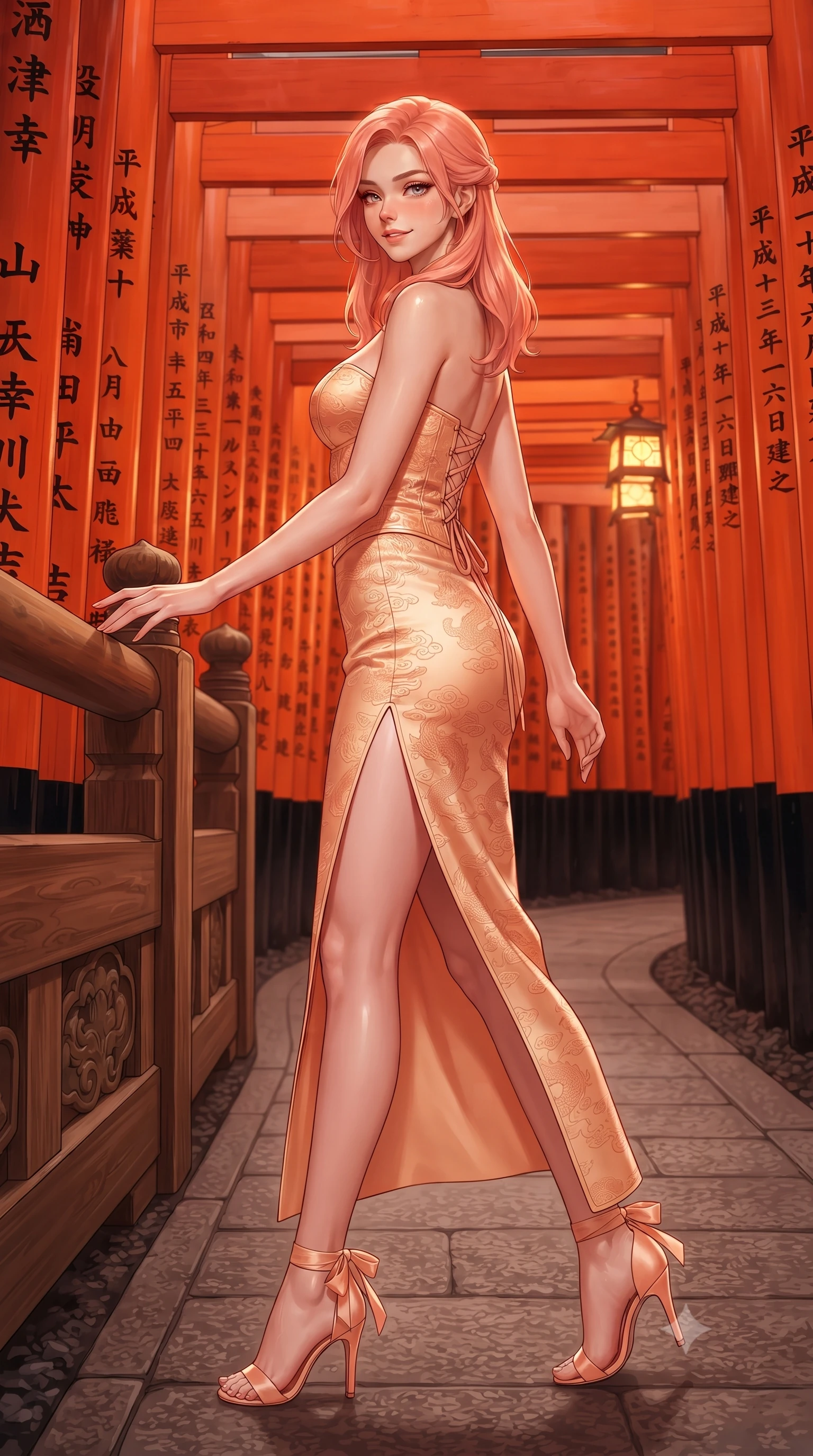 score_9, masterpiece, best quality, ultra-detailed, high-budget anime keyframe, editorial fashion photography, tasteful artistic composition, Japanese woman. low angle full-body shot from head to toe showing her feet, filling the entire 9:16 vertical frame with her statuesque presence, stretching her vertical silhouette. standing in a tall, confident posture with one hand on the carved palace railing, stretching her statuesque body as she arches her lower back to emphasize her sculpted feminine hips and slender waist while striding through the endless curving tunnel of bright vermilion torii gates, arching her back with dynamic supermodel poise in mid-motion. The surrounding environment is rendered in vivid detail and crisp panoramic clarity: sharp lacquered wood pillar grain, painted black kanji calligraphy, and stone pathway clarity in deep focus. She has an absolutely perfect, statuesque 8.5-heads proportion, an exceptionally tall and slender model-like female figure with impossibly long slender legs, an ultra-slim waist, a flat toned midriff, narrow delicate ribcage, and beautifully sculpted feminine hips creating a graceful, slim hourglass silhouette without any bulky heaviness. sharp v-shaped jawline, high-bridge nose, intricate jewel-like dark sparkling almond eyes with depth, thick lashes, glossy parted lips with a natural rose-plum sheen, bright alluring and coquettish smile with bedroom-eyes, exuding both timeless oriental elegance and sovereign high-fashion allure, flawlessly proportioned anatomical accuracy, strict slender model proportions, natural body alignment, perfectly sculpted long slender limbs, ultra-slim waistline, clean dynamic posture without body distortion. wearing a sweetheart-neckline oriental jacquard bustier top paired with a curve-hugging high-slit mermaid maxi skirt in warm peach apricot and soft vanilla silk, made of rich jacquard silk with intricate embossed dragon and cloud motifs, finished with criss-cross back satin laces tracing her slender spine, the glove-like silhouette tightly following the natural contour of her hips and long slender legs with youthful 8.5-heads elegance. bathed in radiant vermilion and warm lantern illumination echoing endlessly down the wooden tunnel. ultra-reflective glossy finish, specular highlights, rich textural contrasts, high-contrast stereoscopic depth, volumetric dynamic lighting, 2k, ultra detail, master piece, 9:16 ratio