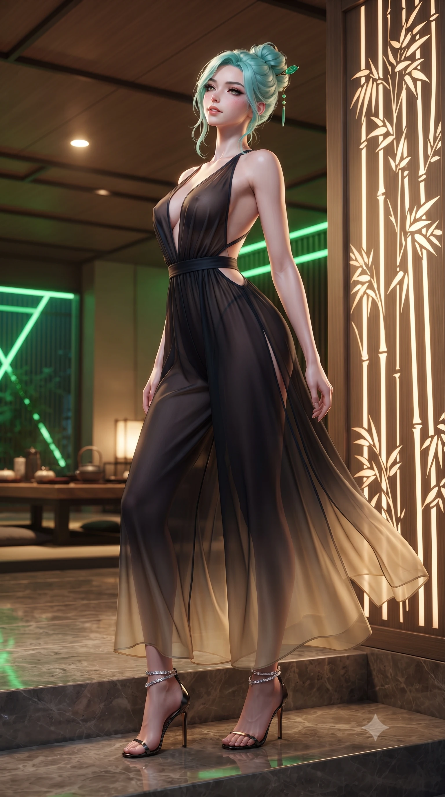 score_9, masterpiece, best quality, ultra-detailed, high-budget anime keyframe, editorial fashion photography, tasteful artistic composition, Japanese woman. low angle full-body shot from head to toe showing her feet, filling the entire 9:16 vertical frame with her statuesque presence, stretching her vertical silhouette. sitting poised on the stone steps with one knee bent, arching her spine with supermodel elegance as she glances upward through thick eyelashes while standing poised beside the illuminated laser bamboo privacy screen with hips cocked back, casting an intoxicating, heavy-lidded bedroom-gaze. The surrounding environment is rendered in vivid detail and crisp panoramic clarity: detailed modern cheongsam-inspired sheer mesh dress tailoring, jade hairpin gleam, and precision interior craft in razor-sharp precision. She has an absolutely perfect, statuesque 8.5-heads proportion, an exceptionally tall and slender model-like female figure with impossibly long slender legs, an ultra-slim waist, a flat toned midriff, narrow delicate ribcage, and beautifully sculpted feminine hips creating a graceful, slim hourglass silhouette without any bulky heaviness. sharp v-shaped jawline, high-bridge nose, sparkling eyes with hypnotic seductive depth, thick curled eyelashes, glossy parted lips with a natural dewy peach sheen, alluring bedroom-eyes with an enchanting coquettish smile, exuding magnetic siren charisma and sophisticated glamour, flawlessly proportioned anatomical accuracy, strict slender model proportions, natural body alignment, perfectly sculpted long slender limbs, ultra-slim waistline, clean dynamic posture without body distortion. wearing a backless plunge-front silk satin jumpsuit with fluid wide-leg silhouette and side hip cutouts in midnight obsidian black and liquid champagne gold, made of sheer gossamer chiffon that drapes softly against skin with airy translucence, complemented by strappy stiletto sandals with crystal ankle wraps accentuating her slender calves, the precision-cut side openings and low-back scoop framing her graceful spine and the sensual sweep of her slim, toned hips. bathed in warm 2800K tea table downlighting mixed with vibrant green laser lattice accents and exterior neon fill. ultra-reflective glossy finish, specular highlights, rich textural contrasts, high-contrast stereoscopic depth, volumetric dynamic lighting, 2k, ultra detail, master piece, 9:16 ratio