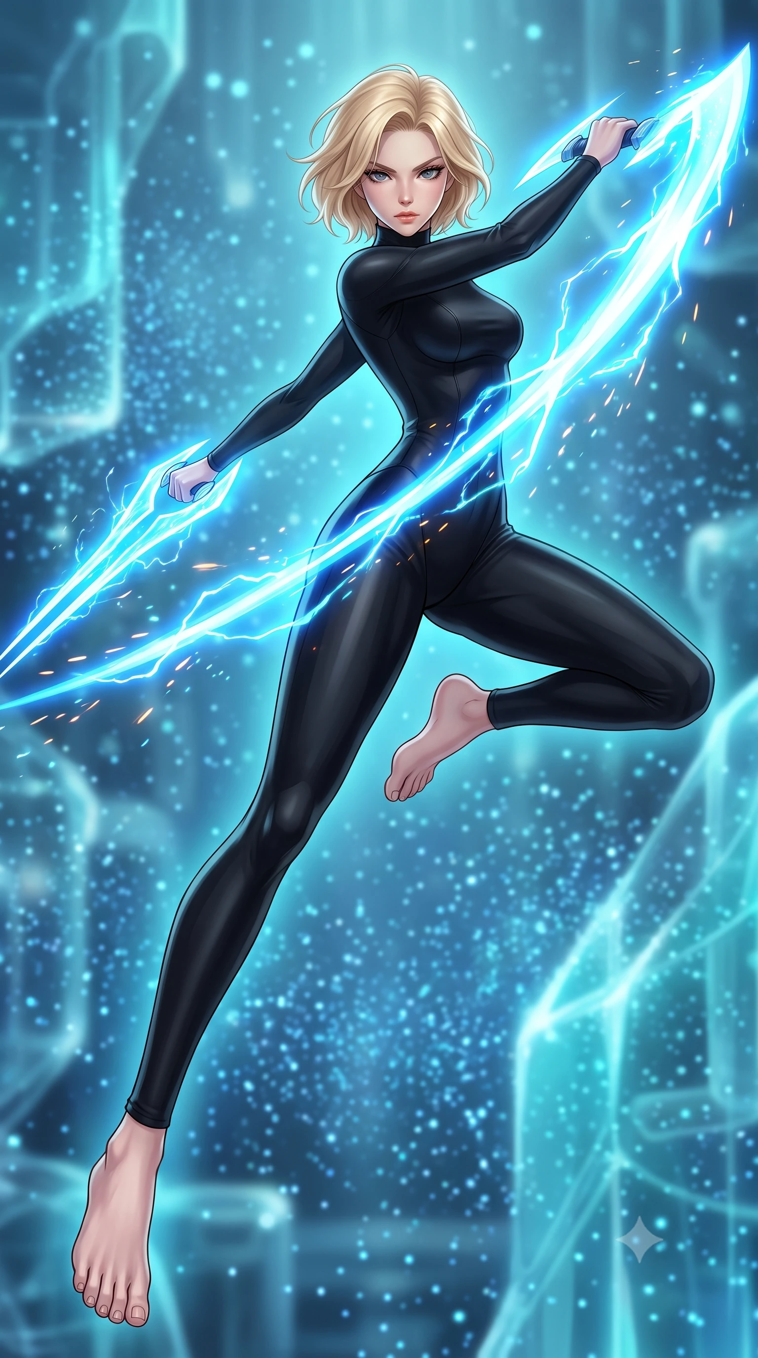 score_9, masterpiece, best quality, ultra-detailed, high-budget anime keyframe, editorial fashion photography, tasteful artistic composition, Caucasian woman. low angle full-body shot from head to toe showing her feet, filling the entire 9:16 vertical frame with her statuesque presence, stretching her vertical silhouette. leaping forward while slashing with a twin-bladed plasma sword in mid-air, her body-contouring suit showing her athletic silhouette, the background shows a soft-focus a nanite assembly chamber filled with floating, shimmering blue particle clouds. She has an absolutely perfect, statuesque 8.5-heads proportion, an exceptionally tall and slender model-like female figure with impossibly long slender legs and an ultra-slim waist. sharp v-shaped jawline, high-bridge nose, intricate jewel-like eyes with depth, thick eyelashes, glossy lips with a natural sheen. wearing a slim-fit body-hugging high-neck flight deck jumpsuit in matte black, contouring her athletic, slender build. shimmering nanite clouds casting a soft cyan glow on her refined features. highly saturated vibrant anime colors, detailed shading with soft gradients, rich glossy textures, high-contrast stereoscopic depth, volumetric dynamic lighting, master piece, 9:16 ratio