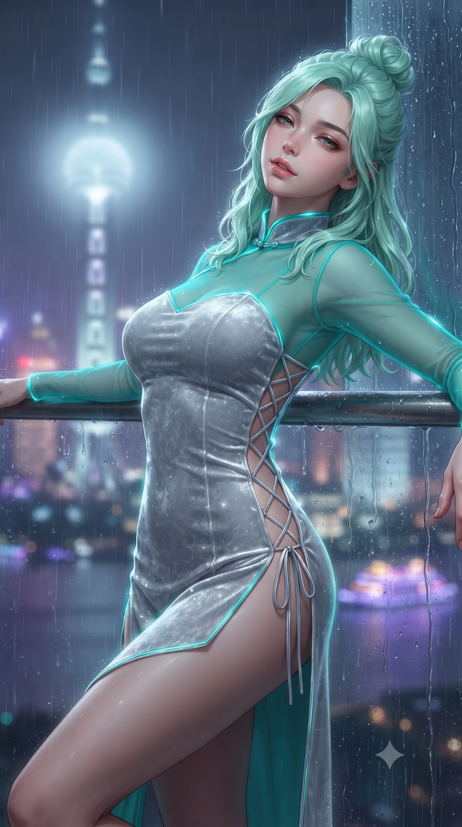 score_9, masterpiece, best quality, ultra-detailed, high-budget anime keyframe, editorial fashion photography, tasteful artistic composition, Japanese woman. close-up cowboy shot from the waist and thighs up, the character dominates the composition, filling the frame with her large presence. leaning back against the balustrade with relaxed seductive grace, head tilted back slightly while casting a hypnotic, heavy-lidded gaze while standing poised against the colossal curving glass facade streaming with night rain, arching her back with sultry siren mystery high above the river. The background shows a soft-focus cascading rain rivulets on glass, misty halo around the Oriental Pearl Tower, and moving ferry boat lights on Huangpu River blurred into violet, apricot, and sapphire bokeh. She has an exceptionally elegant, slender, and willowy female figure with an ultra-slim waist, flat toned midriff, narrow ribcage, and sculpted feminine hips creating an alluring, slim hourglass silhouette without bulk. sharp v-shaped jawline, high-bridge nose, sparkling eyes with hypnotic seductive depth, thick curled eyelashes, glossy parted lips with a natural dewy peach sheen, alluring bedroom-eyes with an enchanting coquettish smile, exuding magnetic siren charisma and sophisticated glamour, flawlessly proportioned anatomical accuracy, strict slender model proportions, natural body alignment, perfectly sculpted long slender limbs, ultra-slim waistline, clean dynamic posture without body distortion. wearing a modern cheongsam-inspired form-fitting sheer mesh cocktail dress with mandarin collar and dramatic hip-high side slits in bioluminescent neon teal and starlight silver, tailored from ultra-plush velvet with rich tactile depth and deep shadow gradients, featuring fine criss-cross lace-up side ties revealing tantalizing glimpses of her hip curve, the high-slit wrap tailoring accentuating her ultra-slim waistline and the enchanting curve of her feminine hips with alluring seductive charm. illuminated by lacquer sill reflection bounce and sharp electric-cyan rim lights defining her razor-sharp jawline, narrow waist, and curvy hips. ultra-reflective glossy finish, specular highlights, rich textural contrasts, high-contrast stereoscopic depth, volumetric dynamic lighting, 2k, ultra detail, master piece, 9:16 ratio