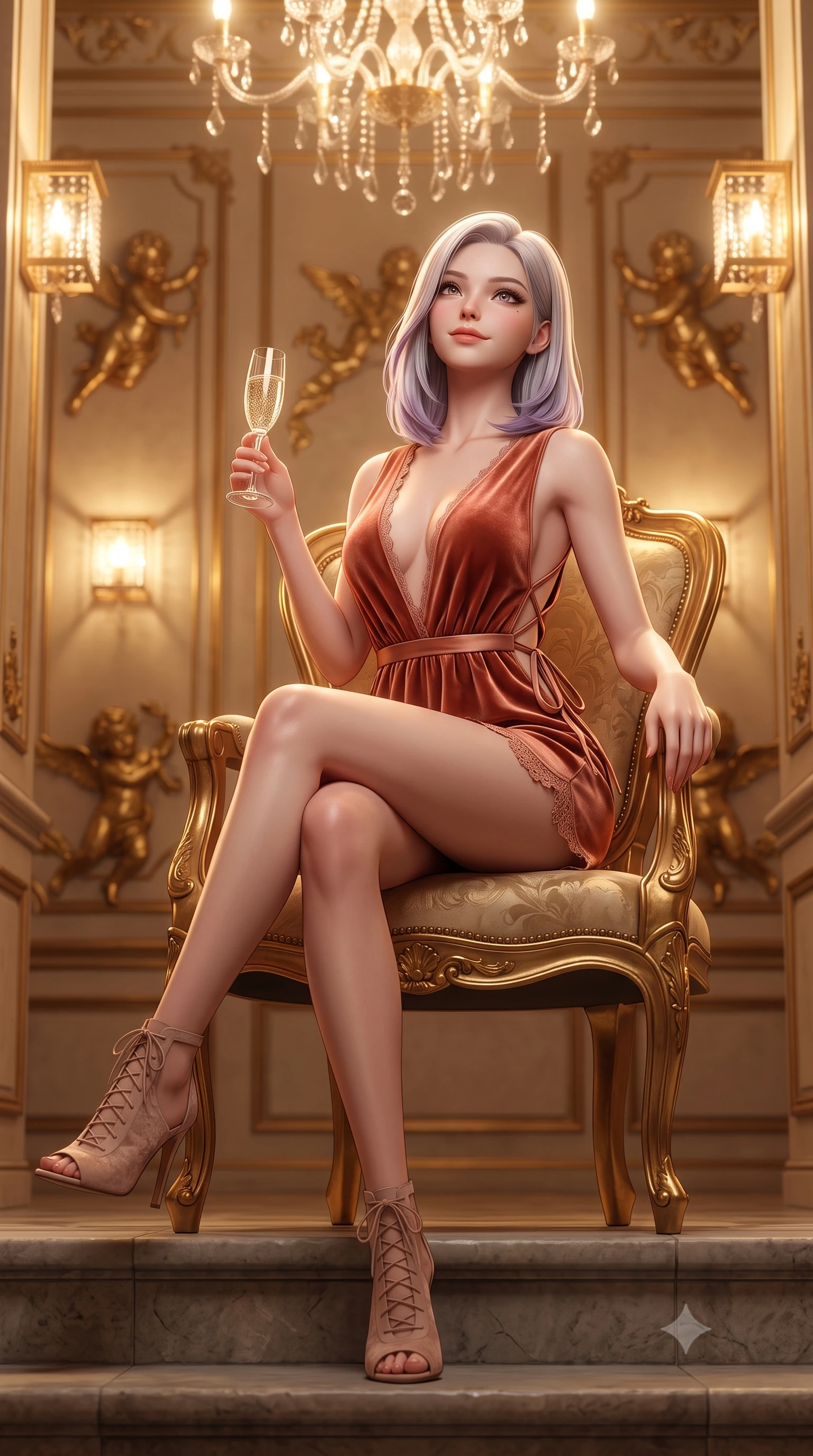 score_9, masterpiece, best quality, ultra-detailed, high-budget anime keyframe, semi-realistic 3D game render, editorial fashion photography, tasteful artistic composition, Caucasian woman. low angle full-body shot from head to toe showing her feet, filling the entire 9:16 vertical frame with her statuesque presence, stretching her vertical silhouette. sitting poised on the stone steps with one knee bent, arching her spine with supermodel elegance as she glances upward through thick eyelashes while sitting gracefully on the antique gilded armchair with legs crossed, holding a crystal champagne flute with an enchanting, parted-lip smile. The background shows a soft-focus gold leaf cherub reliefs softened in opulent European cultural shallow focus. She has an absolutely perfect, statuesque 8.5-heads proportion, an exceptionally tall and slender model-like female figure with impossibly long slender legs, an ultra-slim waist, a flat toned midriff, narrow delicate ribcage, and beautifully sculpted feminine hips creating a graceful, slim hourglass silhouette without any bulky heaviness. sharp v-shaped jawline, high-bridge nose, sparkling eyes with hypnotic seductive depth, thick curled eyelashes, glossy parted lips with a natural dewy peach sheen, alluring bedroom-eyes with an enchanting coquettish smile, exuding magnetic siren charisma and sophisticated glamour, flawlessly proportioned anatomical accuracy, strict slender model proportions, natural body alignment, perfectly sculpted long slender limbs, ultra-slim waistline, clean dynamic posture without body distortion. wearing a plunge-neck stretch velvet romper with scalloped eyelash-lace hems and a cinched waist ribbon in Atlas terracotta and desert rose gold, tailored from ultra-plush velvet with rich tactile depth and deep shadow gradients, featuring fine criss-cross lace-up side ties revealing tantalizing glimpses of her hip curve, the liquid-tight tailored fabric clinging flawlessly to her narrow waist and rounded feminine hips, emphasizing every millimeter of her sculpted slim hourglass curves without any bulky heaviness. bathed in the dazzling warm 2900K radiance of thousands of crystal chandelier prisms mixed with focused box sconces. highly saturated vibrant anime colors, detailed shading with soft gradients, rich glossy textures, high-contrast stereoscopic depth, volumetric dynamic lighting, master piece, 9:16 ratio