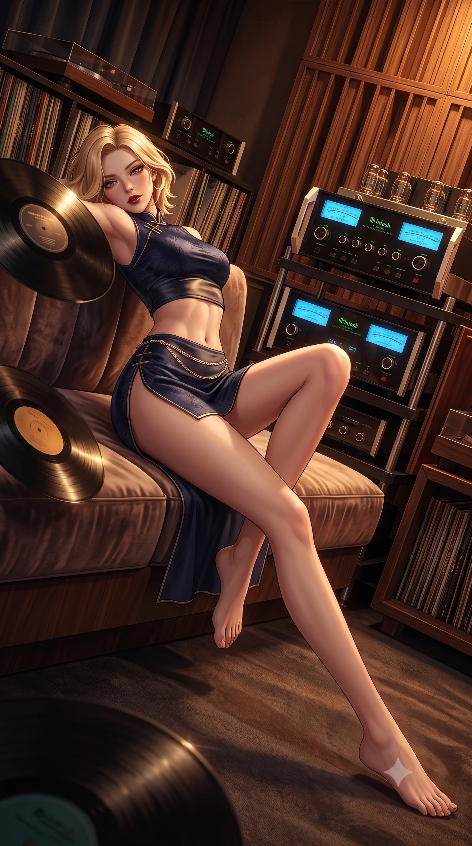 score_9, masterpiece, best quality, ultra-detailed, high-budget anime keyframe, semi-realistic 3D game render, editorial fashion photography, tasteful artistic composition, Caucasian woman. low angle full-body shot from head to toe showing her feet, filling the entire 9:16 vertical frame with her statuesque presence, stretching her vertical silhouette. reclining languidly across the velvet banquette with one knee bent and hips angled toward the camera, displaying her toned midriff and long slender limbs with effortless sensual charisma while standing poised beside the massive McIntosh tube amplifier rack with hips cocked back, casting an intoxicating bedroom-gaze past floating vinyl records. The surrounding environment is rendered in vivid detail and crisp panoramic clarity. sharp McIntosh glass faceplate dials, walnut wood diffuser grain, and vinyl record groove glints in deep focus. She has an exceptionally tall and slender model-like 8.5-heads proportion, an ultra-slim waist, a flat toned midriff, narrow delicate ribcage, and beautifully sculpted feminine hips creating a graceful, slim hourglass silhouette without any bulky heaviness, with impossibly long slender legs. sharp v-shaped jawline, high-bridge nose, intricate jewel-like dark sparkling eyes with dangerous depth, thick curled eyelashes, glossy parted lips with a rich wine sheen, smoldering seductive half-smile with bedroom-eyes, exuding effortless superiority and intoxicating dark allure, flawlessly proportioned anatomical accuracy, strict slender model proportions, natural body alignment, perfectly sculpted long slender limbs, ultra-slim waistline, clean dynamic posture without body distortion. wearing a modern tailored cheongsam mini dress in midnight navy jacquard silk with dramatic side hip slits in pure obsidian monochrome with subtle metallic sheen, made of supple butter-soft lambskin leather with a subtle satin sheen, finished with a delicate gold snake chain belt resting loosely across her curvy hips, the liquid-tight tailored fabric clinging flawlessly to her narrow waist and rounded feminine hips, emphasizing every millimeter of her sculpted slim hourglass curves without any bulky heaviness. bathed in moody warm tube amplifier amber glow and dark walnut ambient bounce. highly saturated vibrant anime colors, detailed shading with soft gradients, rich glossy textures, high-contrast stereoscopic depth, volumetric dynamic lighting, master piece, 9:16 ratio