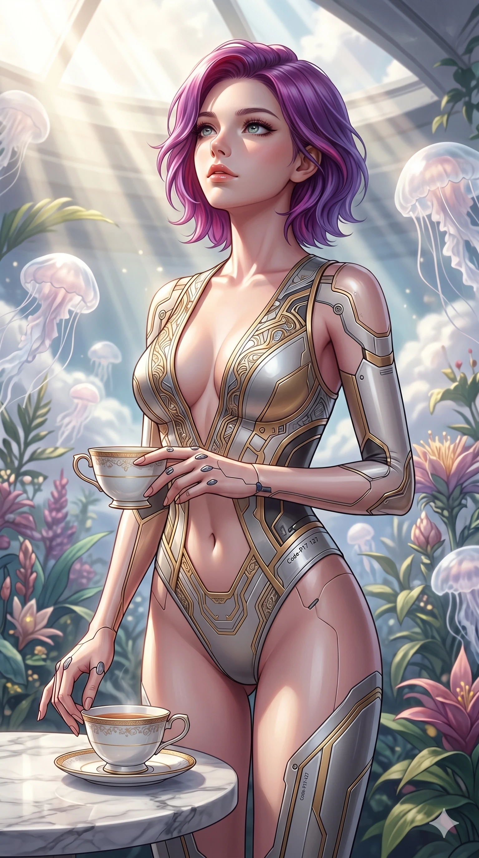 score_9, masterpiece, best quality, ultra-detailed, high-budget anime keyframe, editorial fashion photography, tasteful artistic composition, Caucasian woman, strictly human ears. cowboy shot from the thighs up, character and outfit filling the frame for maximum editorial presence. resting her fingers on a porcelain tea cup, looking up with a gentle gaze in a sky garden with floating jellyfish clouds (Code-P17-127). She has an absolutely perfect 8-heads proportion, an exceptionally tall and slender female figure with impossibly long slender legs and an ultra-slim waist. V-shaped jawline, high-bridge nose, intricate jewel-like eyes with depth, thick eyelashes, glossy lips with a natural sheen. wearing a cybernetic bodysuit with exposed midriff and plunging neck. soft morning sunbeams filtering through the skylight, highlighting her high-bridge nose. 2k, ultra detail, master piece, 9:16 ratio