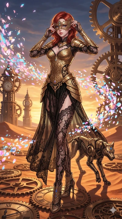 score_9, masterpiece, best quality, ultra-detailed, Set A: High-budget Anime Keyframe, Korean woman. Low angle cowboy shot filling the entire 9:16 frame with her statuesque presence. Adjusting a mask through a clockwork desert, while her shadow mimic