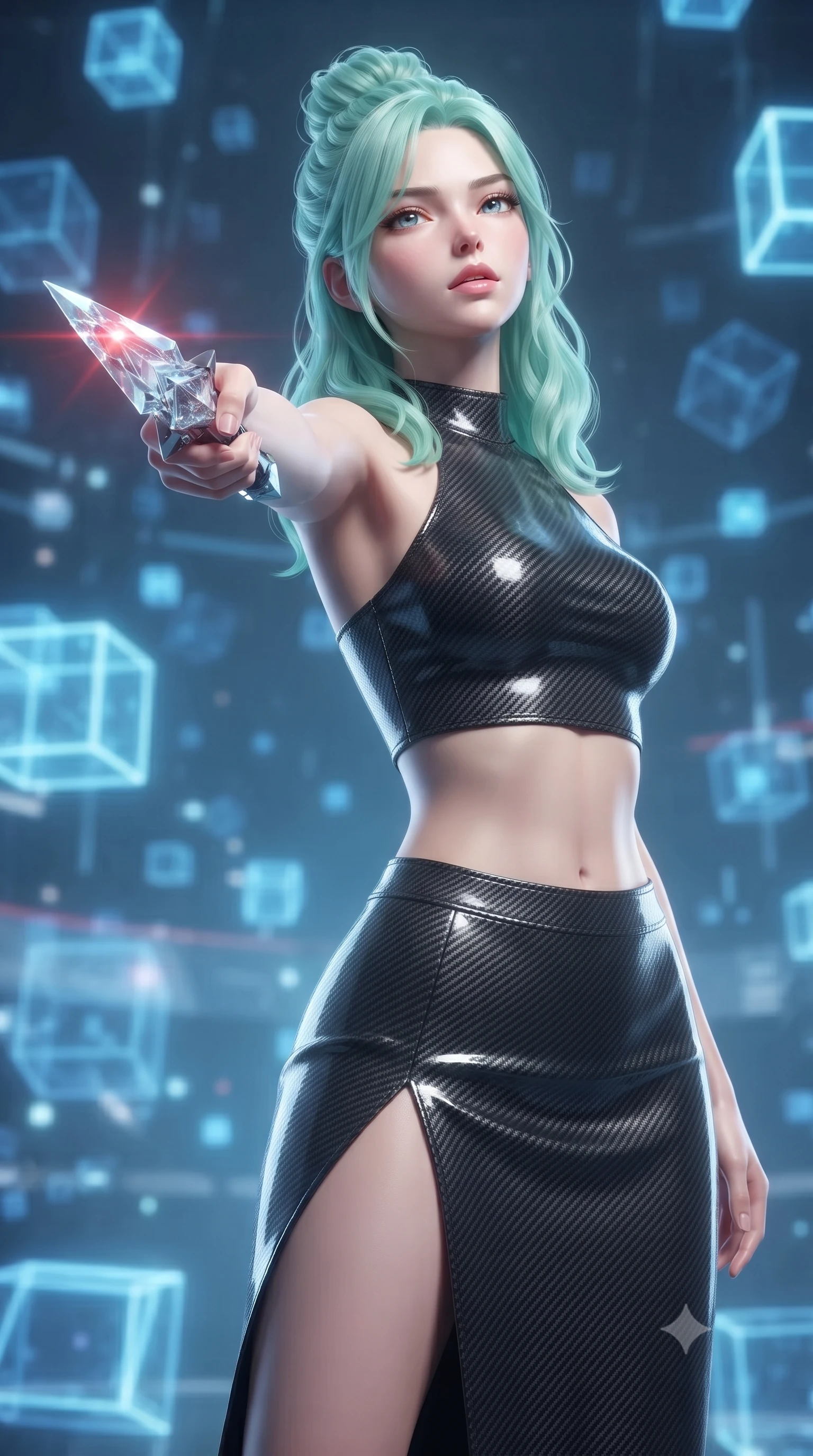 score_9, masterpiece, best quality, ultra-detailed, high-budget anime keyframe, editorial fashion photography, tasteful artistic composition, Japanese woman. close-up cowboy shot from the waist and thighs up, the character dominates the composition, filling the frame with her large presence, background elements kept in soft focus. pointing a crystal-edged laser dagger forward in a defensive stance, tilting her chin up slightly with lips parted in a composed pose, the background shows a soft-focus a holographic simulation chamber with floating, glowing blue geometry cubes. She has an exceptionally elegant, slender, and willowy female figure with an ultra-slim waist, a gracefully sculpted slender torso, and a refined silhouette. sharp v-shaped jawline, high-bridge nose, intricate jewel-like eyes with depth, thick eyelashes, glossy lips with a natural sheen. wearing a slim-fit carbon-fiber halter-neck crop top paired with a matching high-slit midi skirt, revealing her slim waist. soft blue light radiating from the digital cubes onto her refined profile. ultra-reflective glossy finish, specular highlights, metallic sheen, high-contrast stereoscopic depth, volumetric dynamic lighting, 2k, ultra detail, master piece, 9:16 ratio